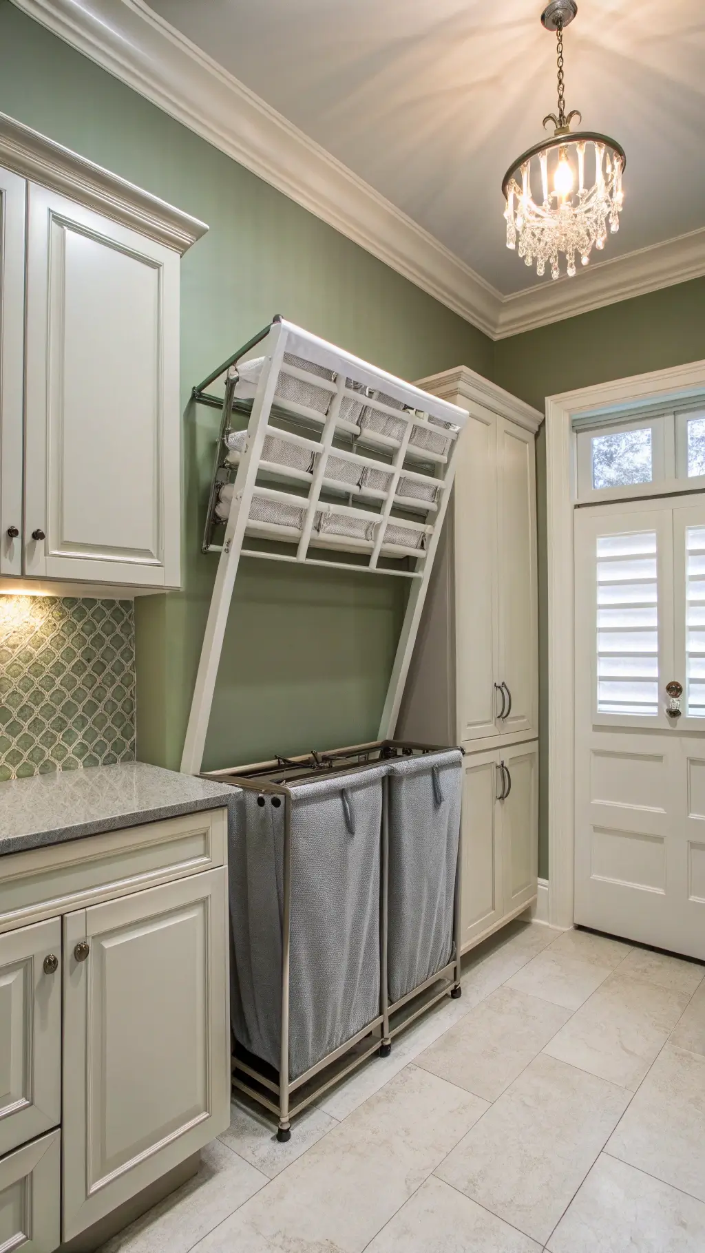 A sophisticated utility space with sage green semi-gloss walls, white trim, and a brushed nickel retractable drying rack above a built-in folding station. Under-cabinet LED lighting highlights a custom sorting system with grey linen-covered hampers. A small vintage crystal chandelier is centered in the room, with soft lighting creating a welcoming atmosphere from a corner angle.