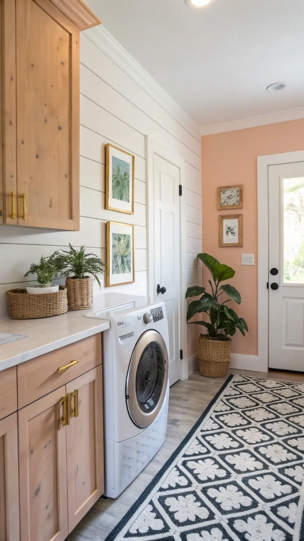 A coastal-themed laundry room with coral walls, white shiplap accent, maple cabinets, brass hardware, stacked washer/dryer, ZZ plant on marble sill, black and white geometric rug, and gold-framed botanical prints.