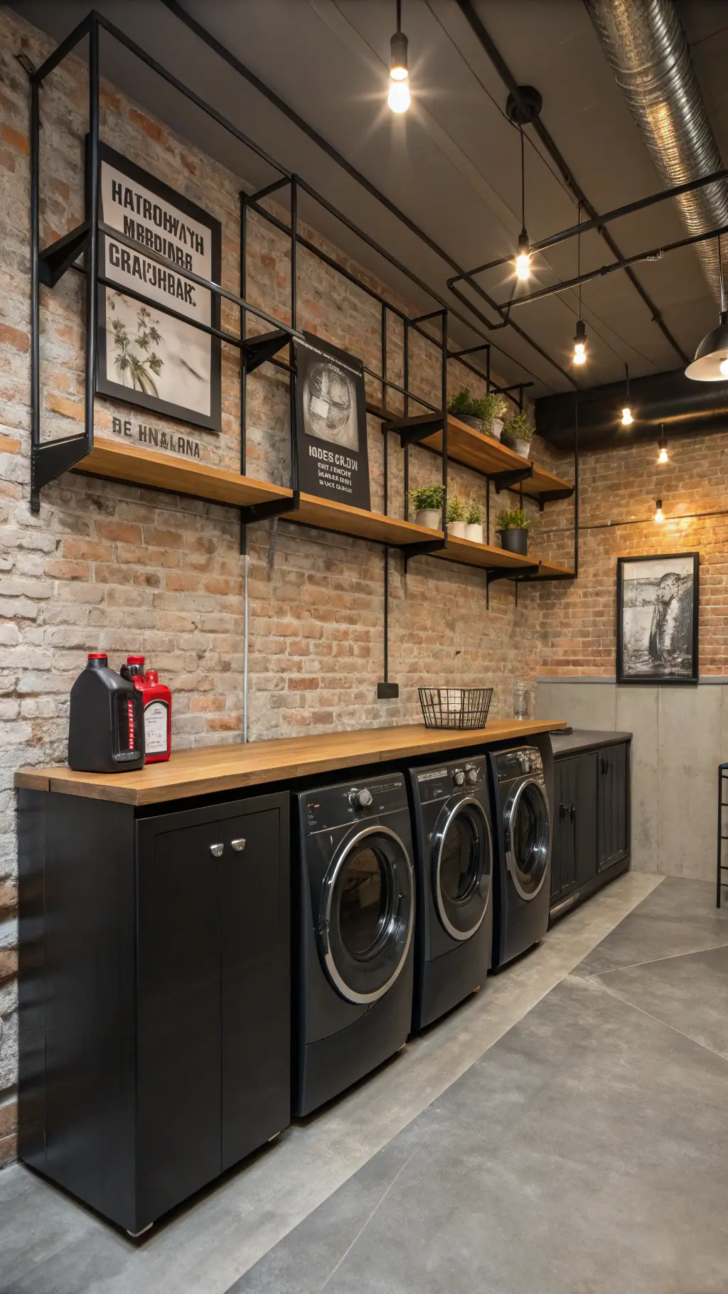 Industrial-modern laundry room with exposed brick walls and high-gloss concrete floors. Matte black front-loading machines sit beneath a wooden counter. Vintage-style laundry advertisements are displayed in black frames. Steel and wood shelves hold amber glass detergent dispensers. Shot from a low angle, highlighting the ceiling height and industrial pendant lighting.