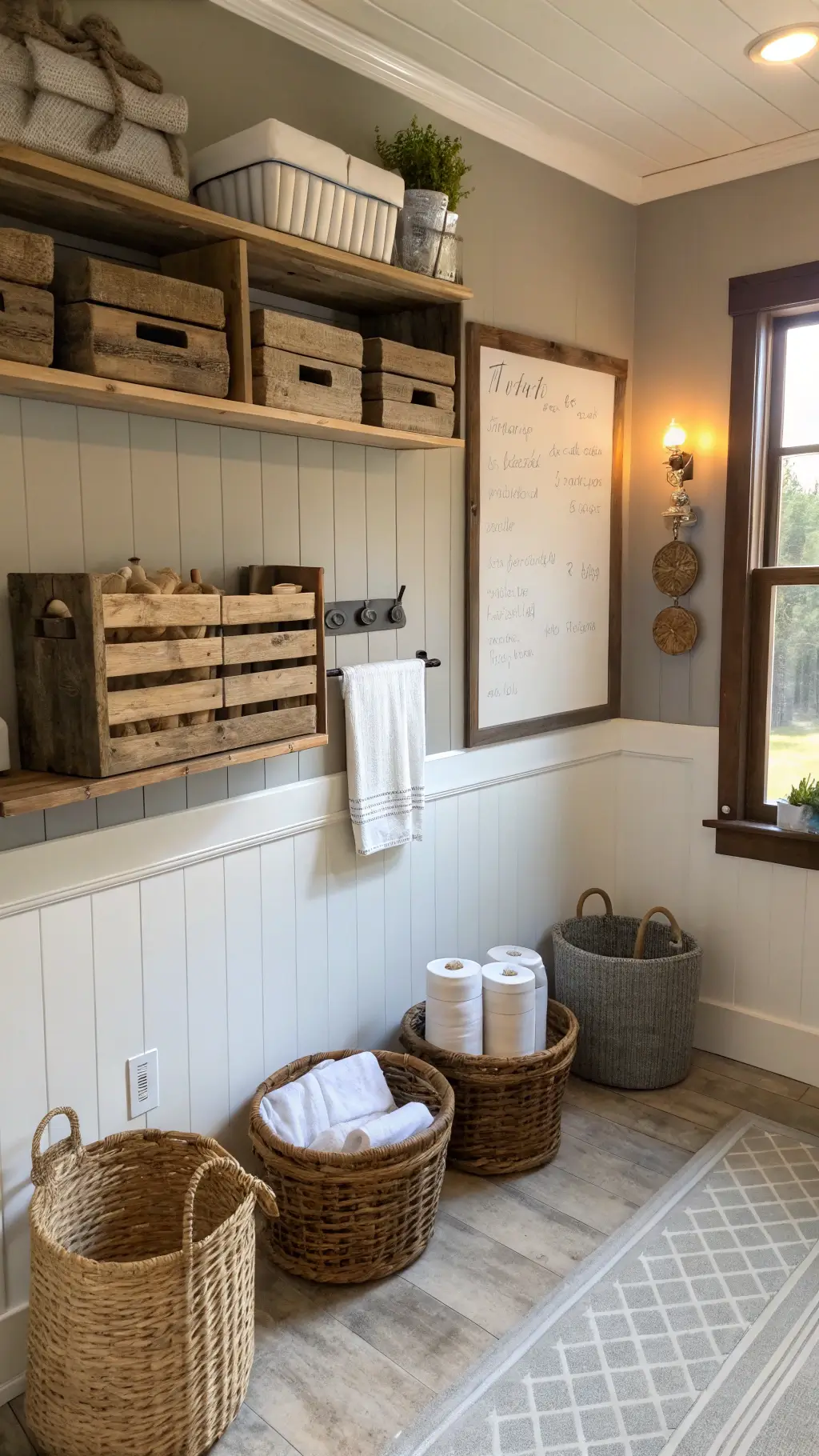 Farmhouse-inspired room with white board and batten walls, warm grey paint above, reclaimed wooden crates as shelves, retractable clothesline, woven jute baskets, and golden hour lighting.