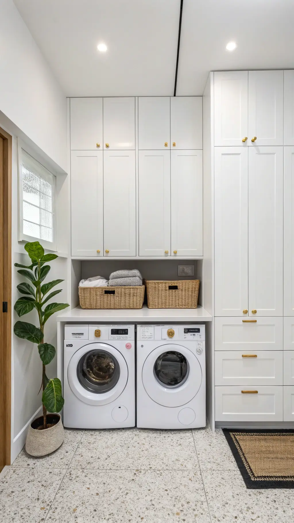 A modern, minimalist laundry room featuring white floor-to-ceiling cabinets with brass accents, an integrated washer/dryer behind sliding doors, a built-in sorting system with labeled canvas bins, terrazzo floors, and a small fiddle leaf fig in a matte black planter.