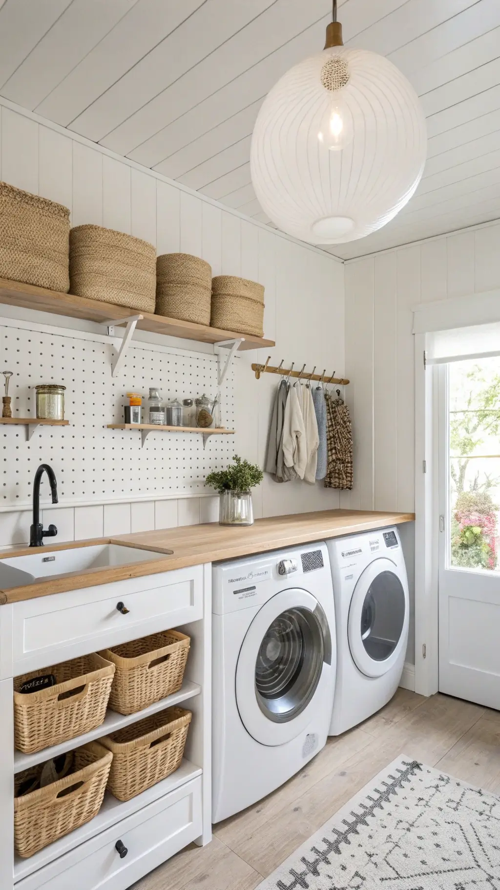 Minimalist Scandinavian laundry room in white with wooden accents, featuring a pegboard for tools, white appliances, and woven storage baskets.