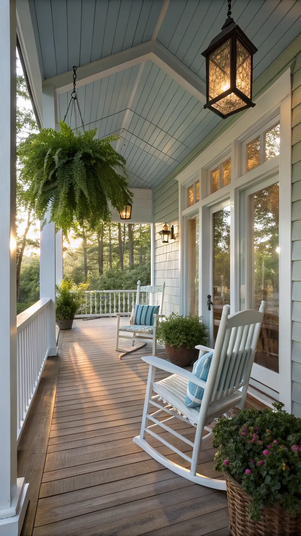 Screened-in cottage porch at golden hour, with exposed Douglas-fir beams and a light blue beadboard ceiling, featuring white rocking chairs, a brass lantern, hanging ferns, and potted hydrangeas. Warm light highlights weathered oak flooring and textured decor.