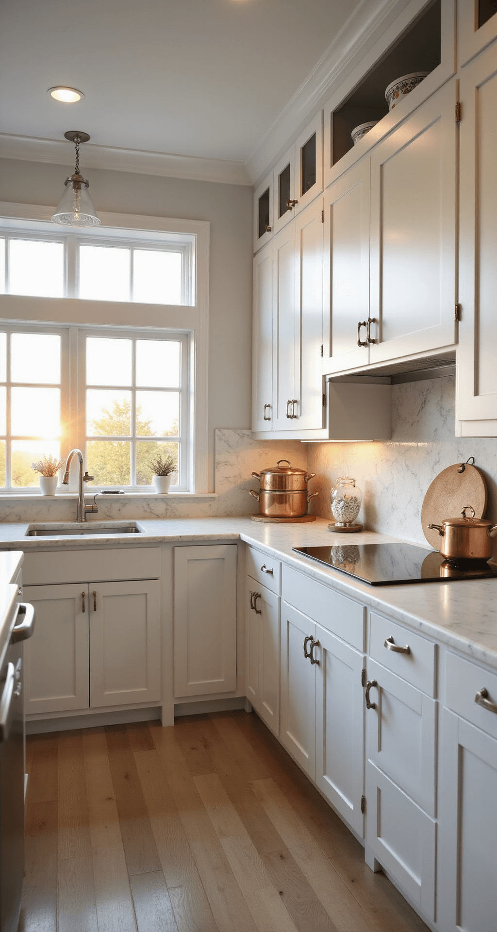 Alt text: A 12x15ft kitchen at golden hour with sunlight streaming through west-facing windows. Modern white Shaker cabinets with Carrara marble countertops, captured from a corner angle. Stainless steel hardware and copper cookware add contrast to the minimalist design. The space is warmly lit, highlighting the pale oak flooring and professional finish quality of the cabinets.