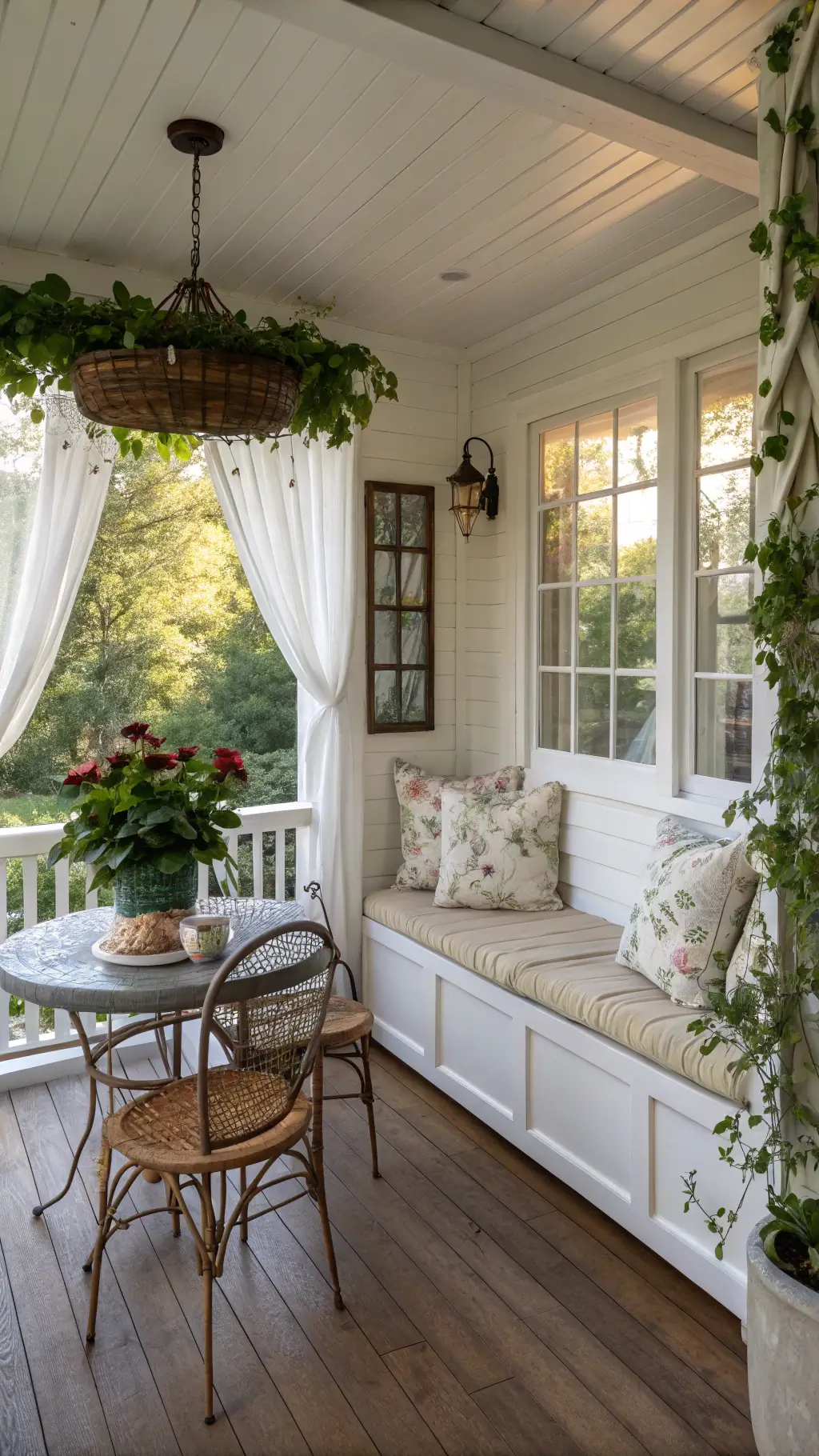 A cozy porch with a built-in window bench featuring cream cushions and botanical print pillows, a round white bistro set, climbing ivy, copper planters with mums, and soft white curtains filtering sunlight.