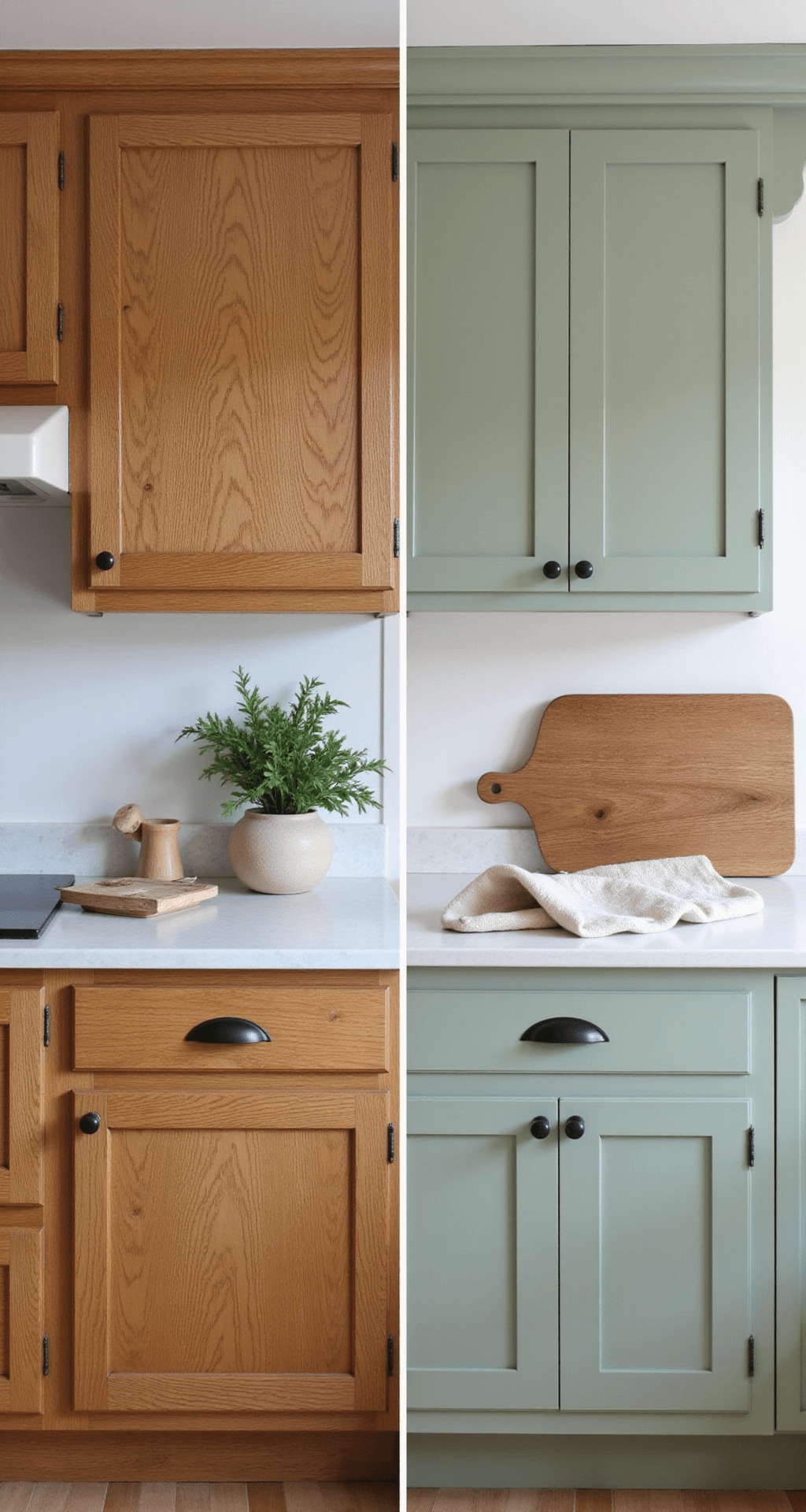 Split shot image of kitchen cabinet transformation. The left side displays dated oak cabinets, while the right side features modern sage green cabinets in Farrow & Ball Calke Green. Matte black hardware accents the design. The scene is styled with a small herb plant, a marble cutting board, and a natural linen tea towel, all softly lit to highlight the paint texture in a tight frame from waist height.