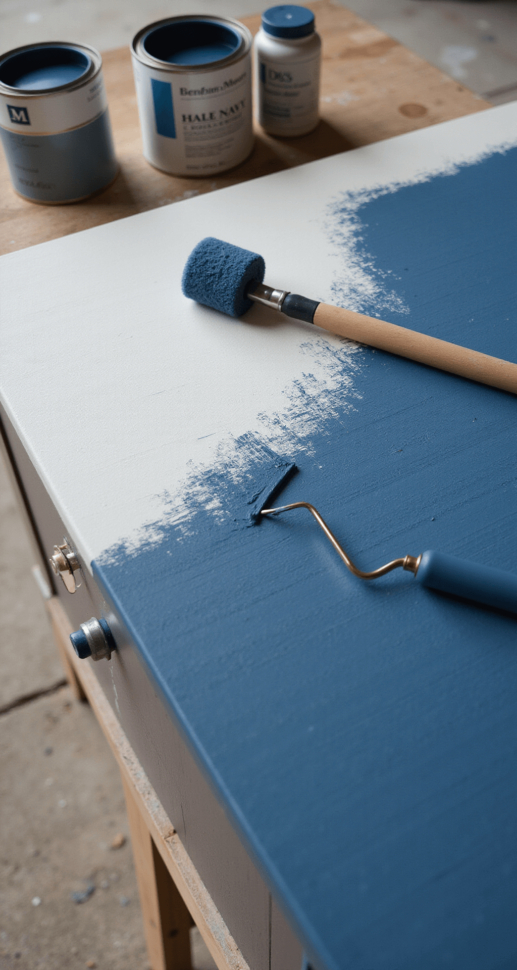 Close-up of a cabinet painting process showing the contrast between a white-primed surface and a fresh navy blue coat in Benjamin Moore Hale Navy. The macro shot highlights the paint's texture. Professional tools like a foam roller, angled brush, and paint tray are artistically arranged, with a paint can and primer in the background. The image is clinically lit with soft boxes.