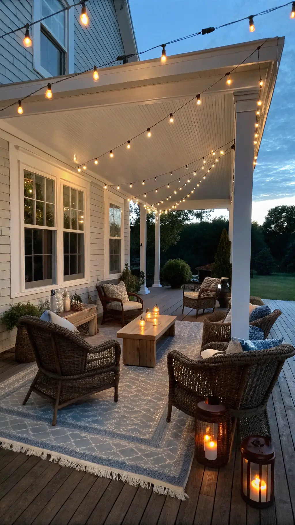 A dusk image of a cozy cottage porch with a wide-angle view; string lights form a canopy above, enhanced by vintage copper sconces. The seating area has four wicker chairs surrounding a rustic wood coffee table, with hurricane lanterns and flickering candles. Layered outdoor rugs in muted hues define the space, and twinkling lights wrap around architectural columns, emphasizing ceiling height.