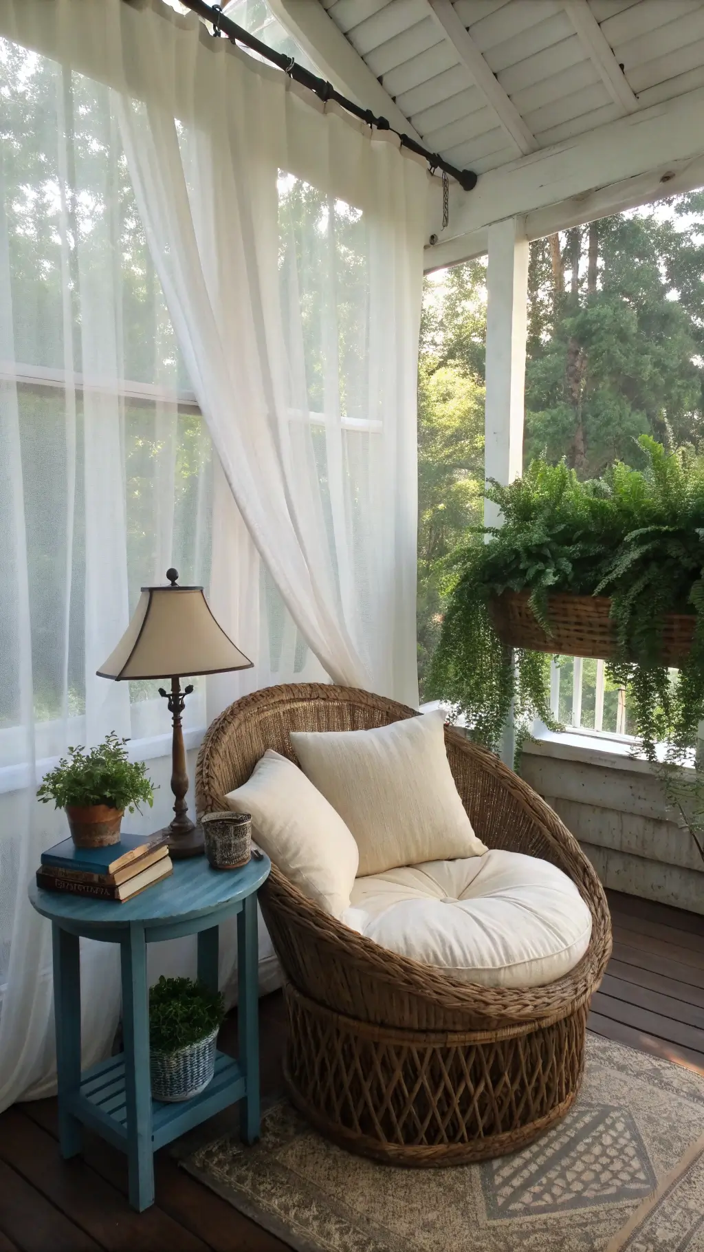 A cozy screened porch corner with a reading nook features a large rattan chair with cream cushions and mixed pattern throws. Sunlight filters through white mesh curtains, highlighting a blue distressed side table with a vintage lamp and stacked books. Trailing ivy and Boston ferns frame the space, while the low angle shot emphasizes the textured beadboard ceiling and exposed beams. Cool morning light and mist add a serene atmosphere.