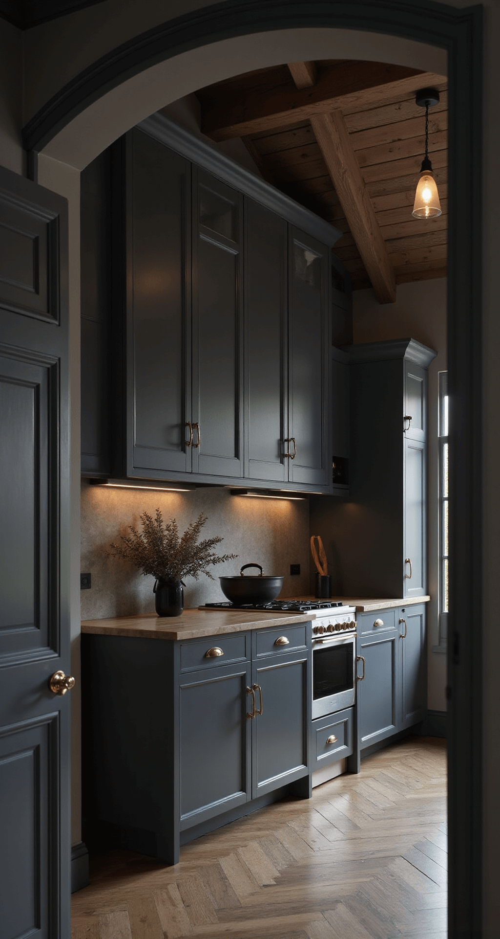 A dramatic kitchen scene at dusk featuring charcoal gray cabinets, vaulted ceilings with pendant lights, and warm LED-lit upper cabinets. Brass hardware, black ceramics, and dried eucalyptus enhance the moody, editorial atmosphere.