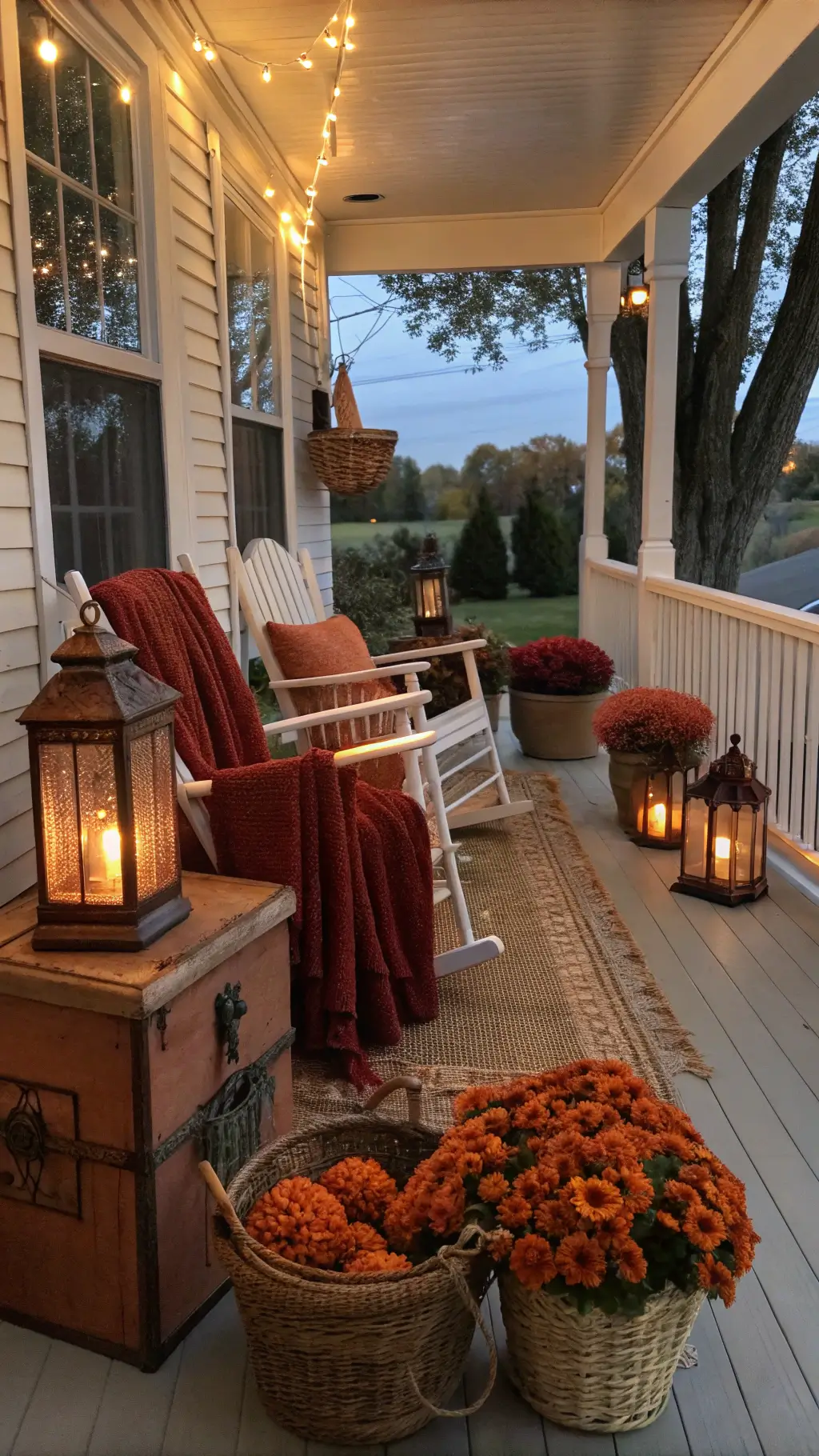 Twilight view of an autumn-themed porch with a depth of 14'x16', showcasing copper lanterns, burnt orange and deep red wool throws on white rocking chairs, mums in copper planters, preserved wheat arrangements, illuminated by warm sconces and subtle string lights, with a vintage trunk as a coffee table.