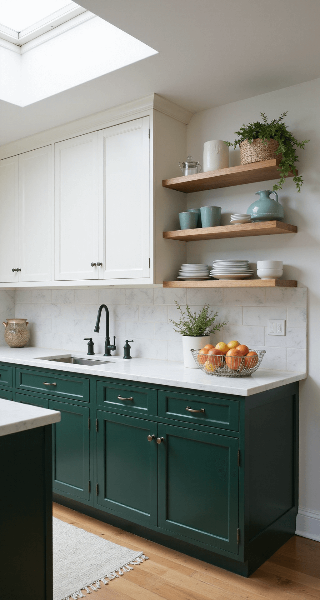 Alt text: A bright morning kitchen showcases two-tone cabinets with lower units in deep forest green and upper cabinets in crisp white. Vertical lines are emphasized in this corner shot, with natural light from a skylight creating dramatic shadows across a marble backsplash. Open shelving displays curated ceramics for a professional, magazine-worthy look.