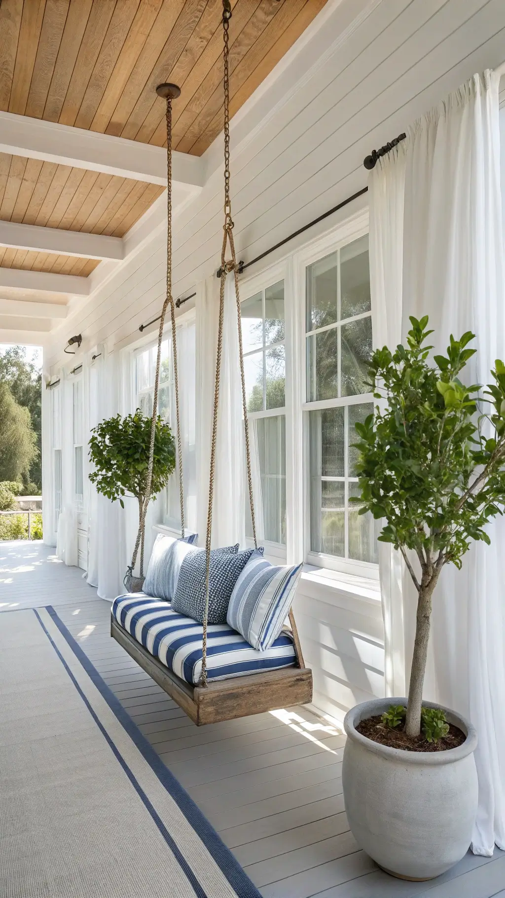 Bright midday view of a screened porch with white beadboard walls and natural wood ceiling beams. A porch swing with blue and white striped cushions faces potted citrus trees. Gauzy white curtains billow slightly in the breeze. Woven pendant light casts shadows, enhancing the airy, symmetrical indoor-outdoor feel.