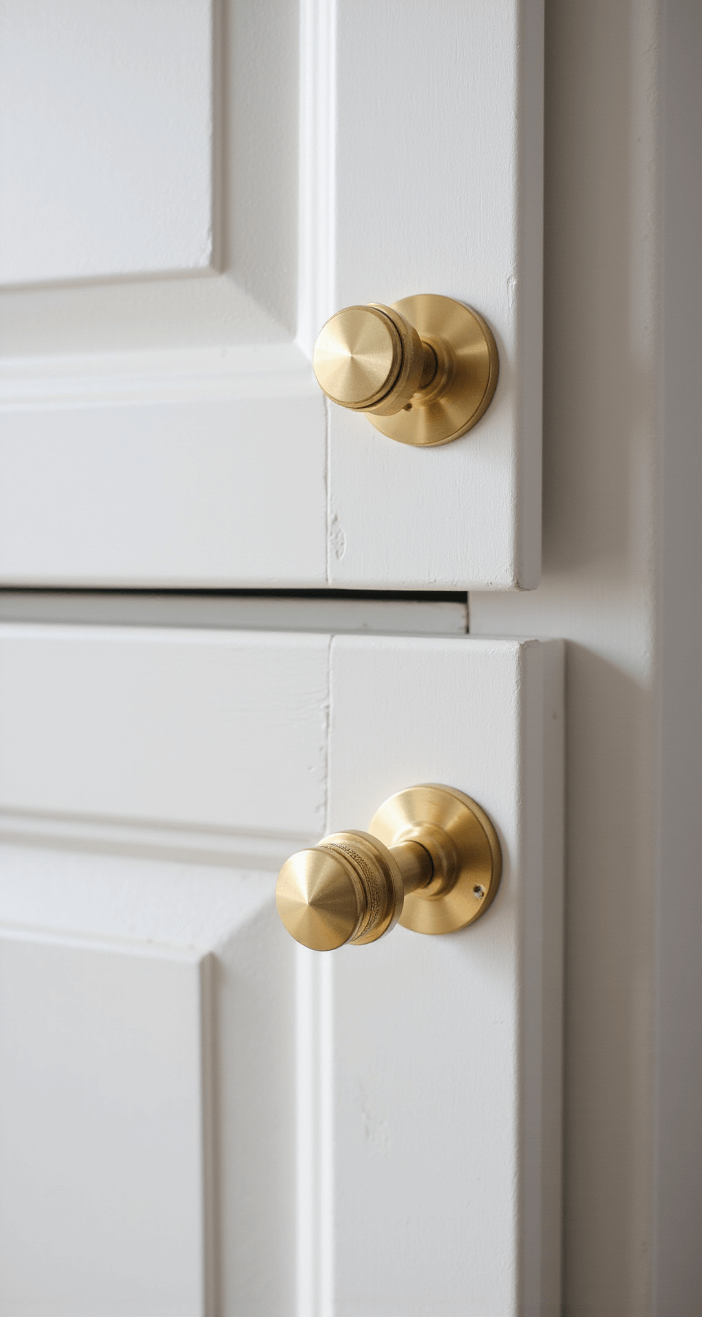 Close-up of new brushed gold handles being installed on fresh satin white cabinets, with measuring tape and installation template visible; captured with macro lens to emphasize precision and artistic composition under controlled studio lighting.