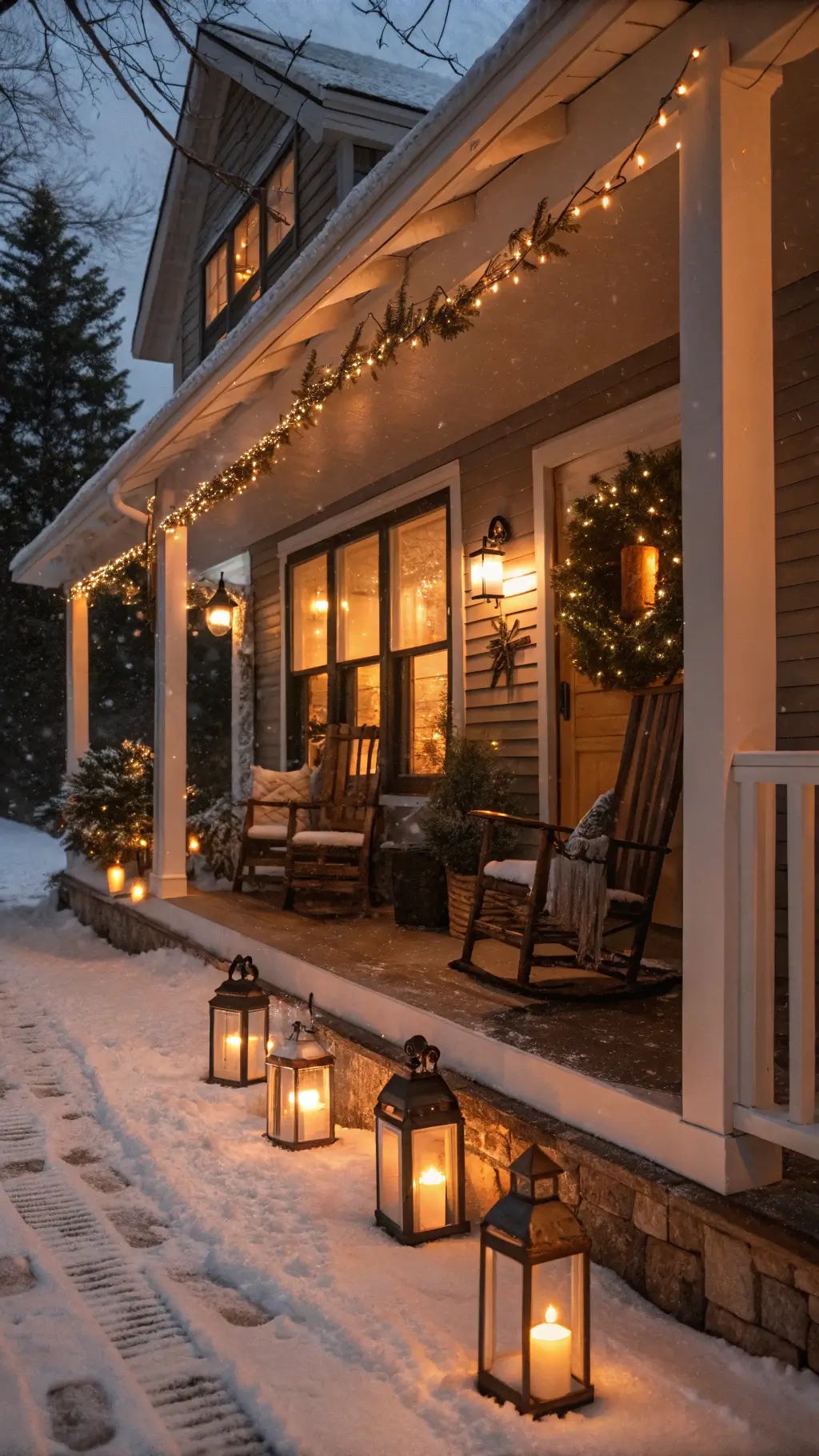 A cozy winter evening scene featuring a snow-dusted cottage porch illuminated by warm lighting, with lanterns, rocking chairs draped in faux fur, and festive decor including pine garlands and string lights.