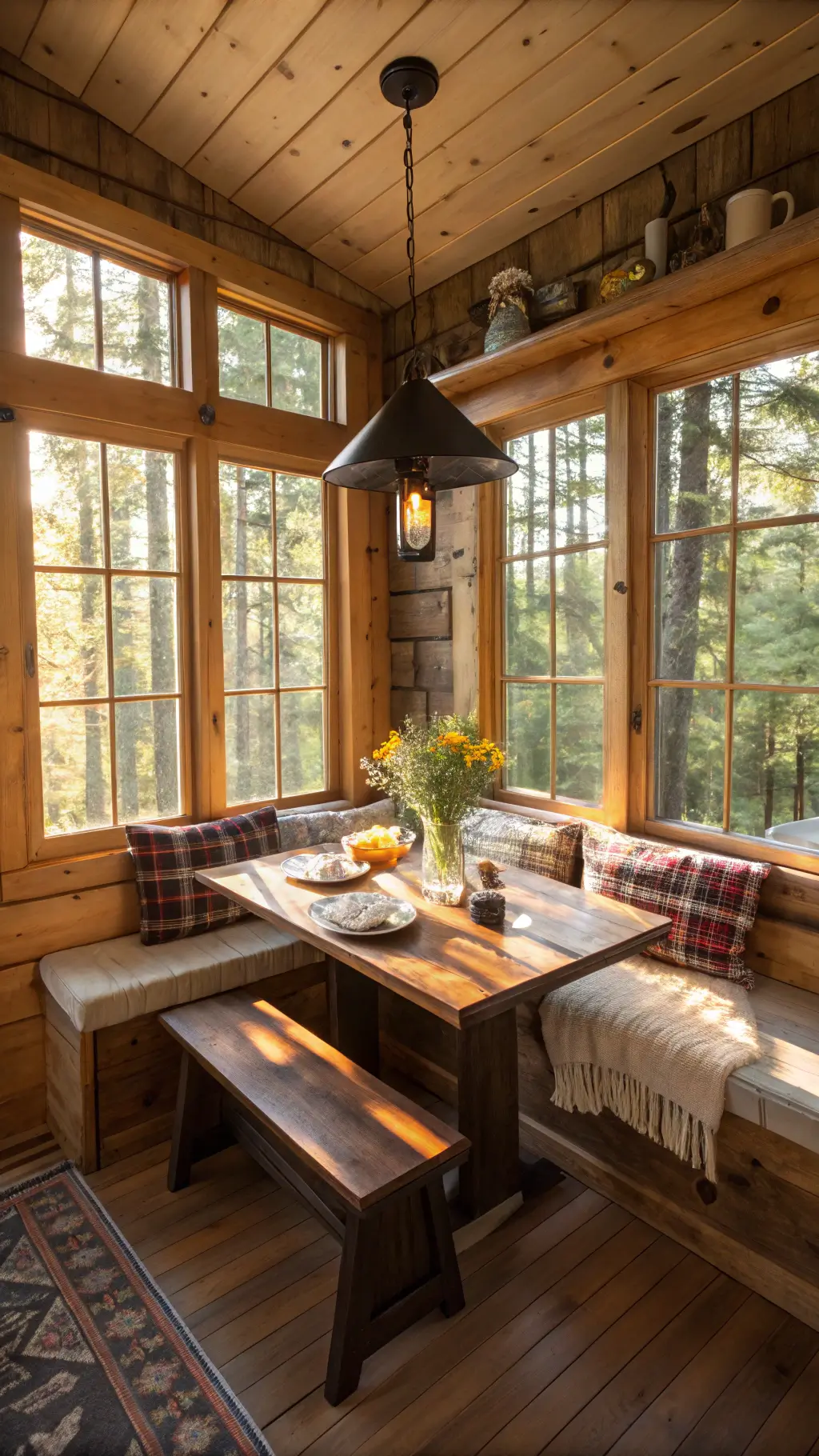 Cozy cabin breakfast nook with floor-to-ceiling windows, dappled morning sunlight, cedar bench, walnut table, vintage decor, and serene mountain ambiance.