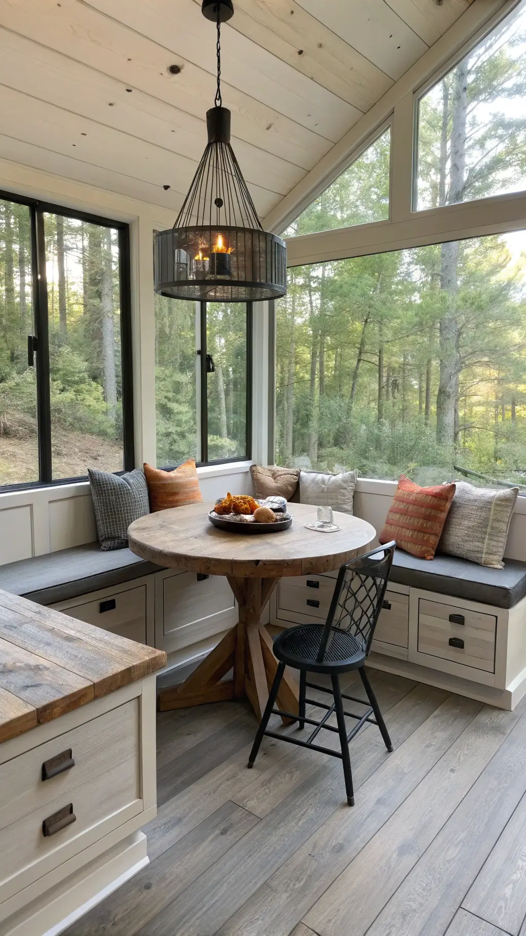 Modern-rustic breakfast alcove with panoramic forest views, featuring a custom pine banquette with storage, charcoal and rust accents, a central reclaimed barn wood table, matte black pendant lights, earthenware and vintage thermoses on open shelves, and wide-plank pine flooring with a grey rug.