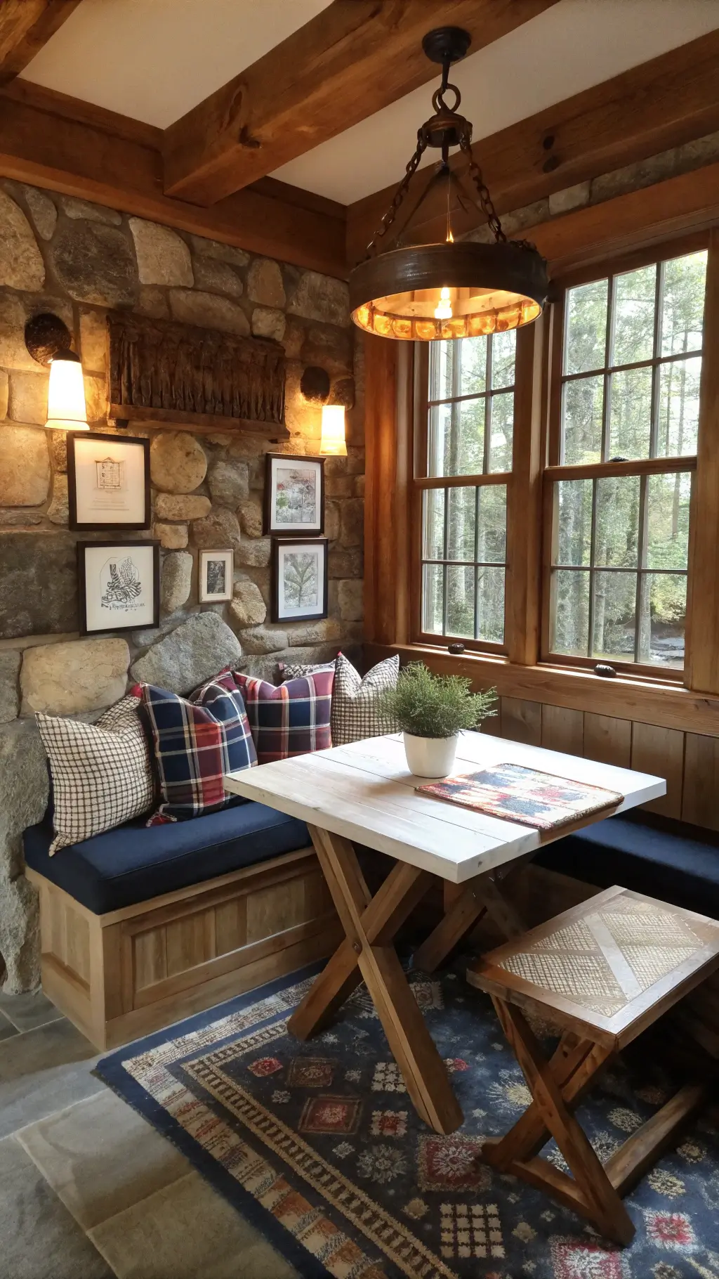 A cozy breakfast nook with distressed leather bench seating, navy wool blankets, and plaid pillows is nestled against a stone fireplace. Early morning light streams through mullioned windows, highlighting a square cedar table with a crossed beam base, adorned with a linen runner and a copper French press. Antique maps and botanical prints in black frames adorn the wall above the bench. A woven pendant light casts a warm glow, enhancing the historic cabin charm. The shot emphasizes the ceiling height and ample window light.