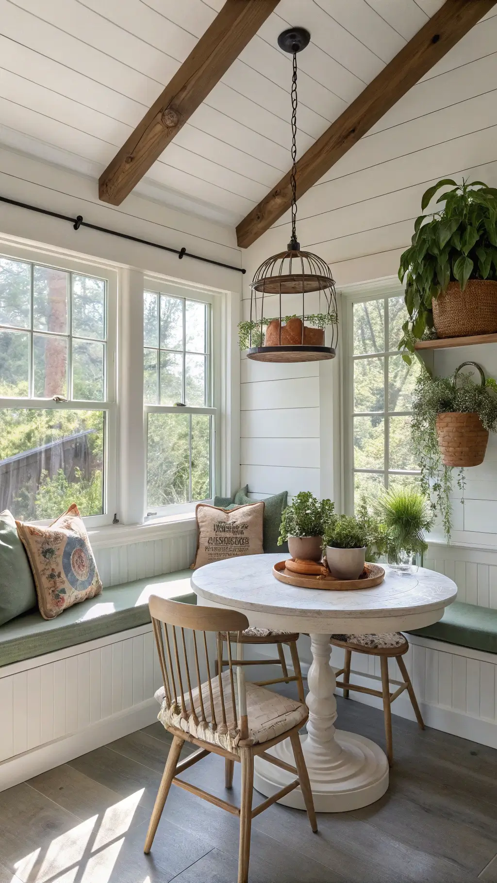 Aerial view of a bright farmhouse cabin breakfast area with 9x8 bay window, built-in window seat, sage green cushions, bleached pine table, Windsor chairs, and hanging plants.