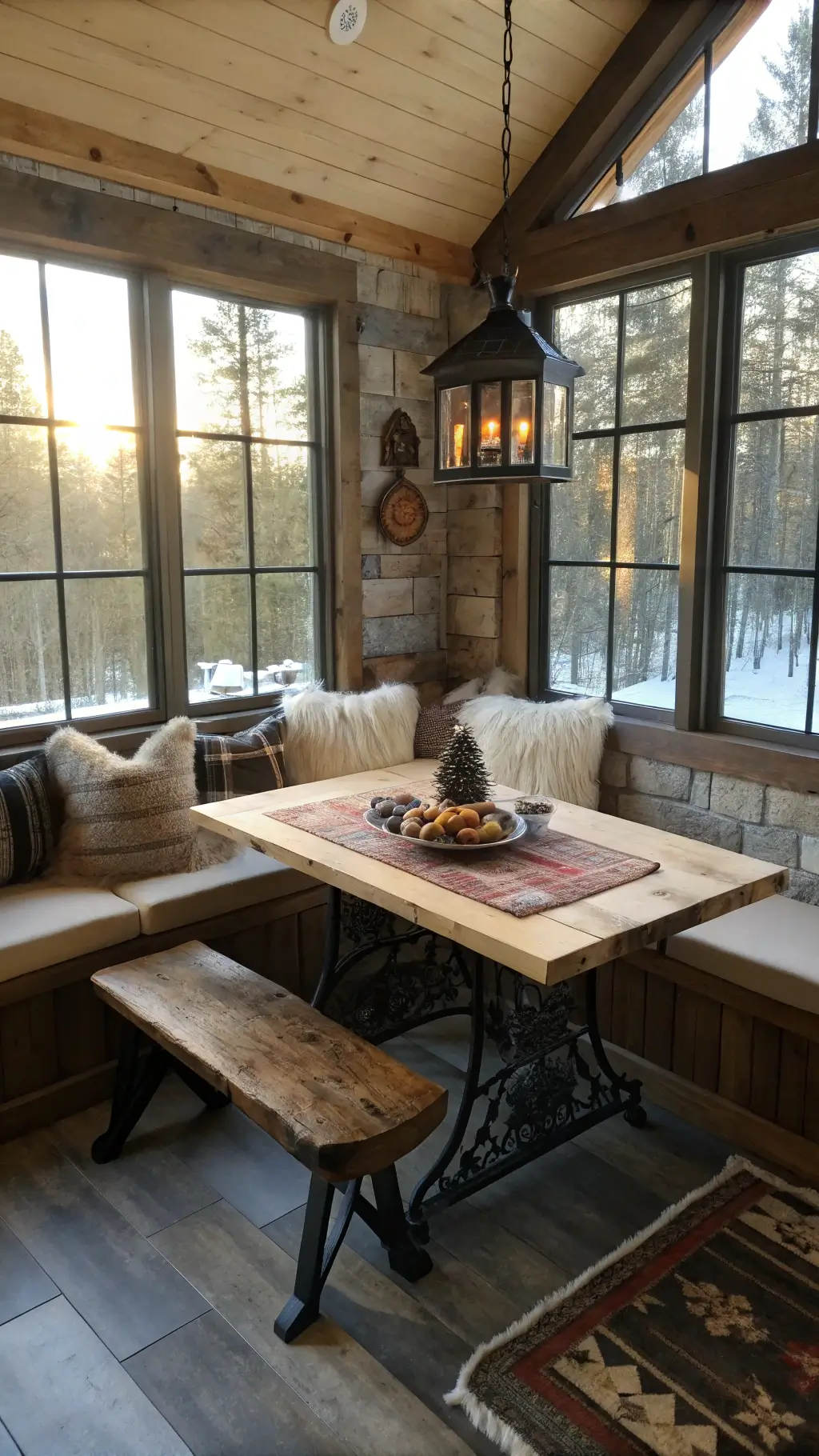 Aerial view of a cozy breakfast nook in a 6x6 space with a lofty cathedral ceiling, dramatic dawn shadows cast through floor-length windows. Features a custom L-shaped reclaimed barnwood bench with leather cushions and faux fur throws, a live-edge elm table adorned with a pine cone bowl, an iron lantern pendant light, and a stone accent wall with shelves of vintage enamelware, evoking mountain lodge luxury.