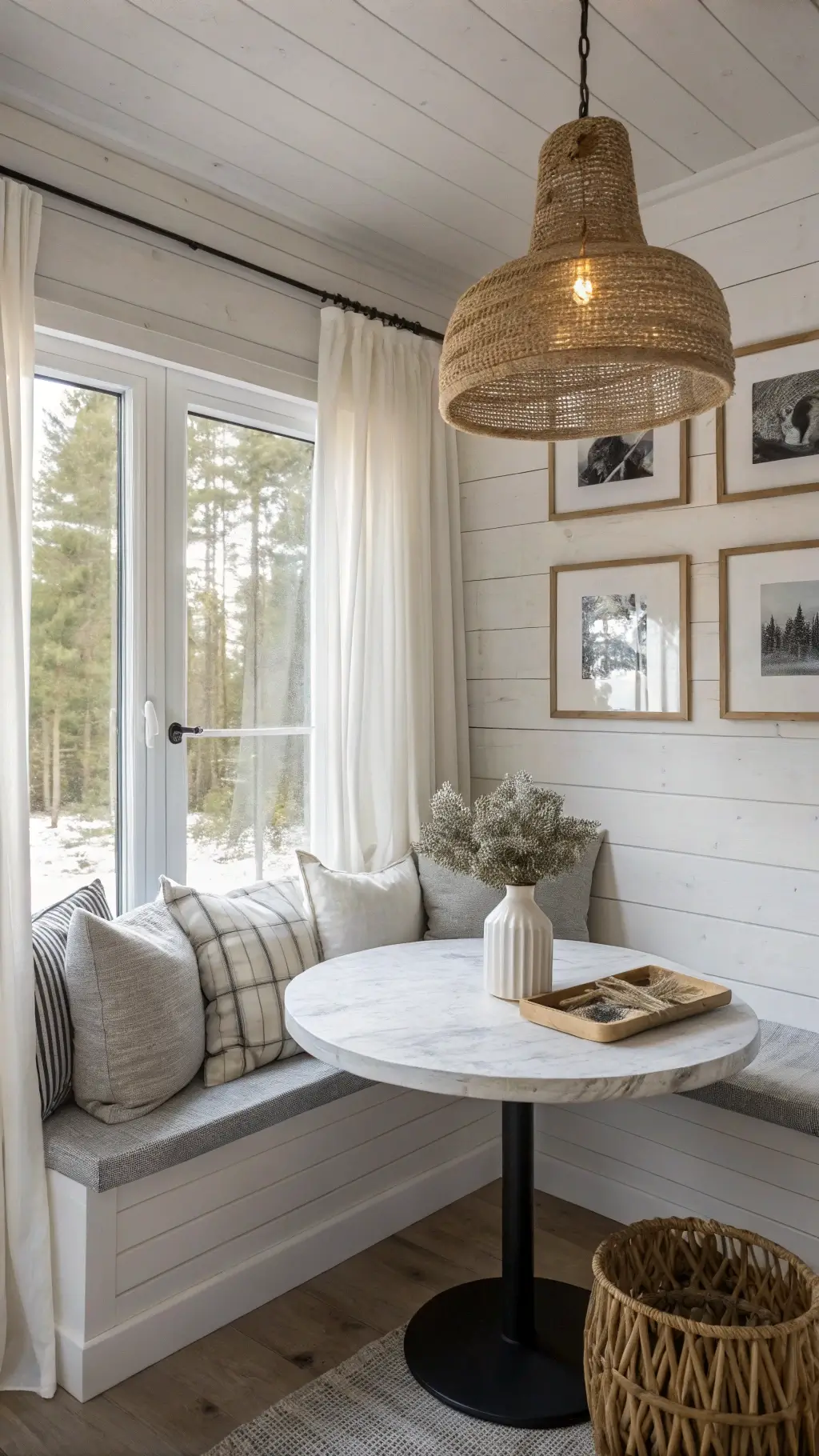 A cozy Nordic-inspired nook with large windows wrapped in gauzy linen curtains, featuring minimalist pine bench seating with white linen cushions and grey wool throws, a round marble-topped table with a sculptural wooden base, and an oversized rattan pendant light. The space has white-painted tongue and groove walls adorned with black-framed forest photography, embodying Scandinavian cabin simplicity.
