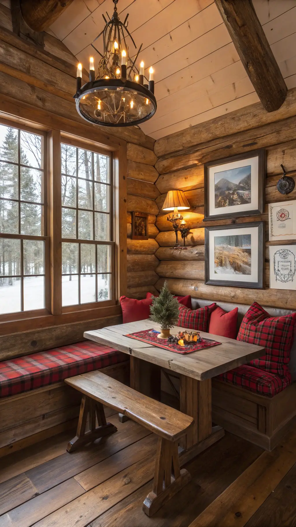 Traditional cabin nook with exposed log walls and gabled windows, featuring a hickory bench with red buffalo check cushions, a pine trestle table with an oil lamp and evergreen sprigs, and an antler chandelier. Vintage ski posters decorate the walls, capturing a classic mountain cabin mood.