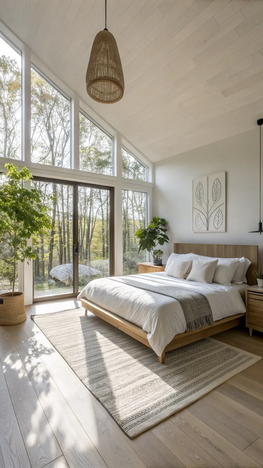 Bedroom Designs with Hardwood Floors A modern Scandinavian bedroom with light maple floors, floor-to-ceiling windows, and a white oak platform bed dressed in white linen. Shadows cast from morning light; brass pendant lights hang over a grey rug. Decor includes ceramic vessels, abstract art, and a fiddle leaf fig.