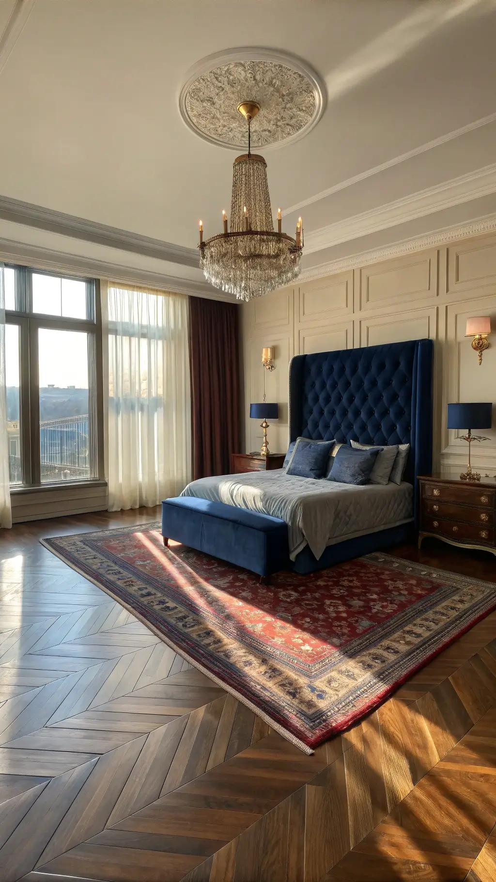 Luxurious master bedroom with herringbone walnut floors, navy velvet headboard, crystal chandelier, jewel-toned Persian rugs, and golden hour lighting creating dramatic shadows.