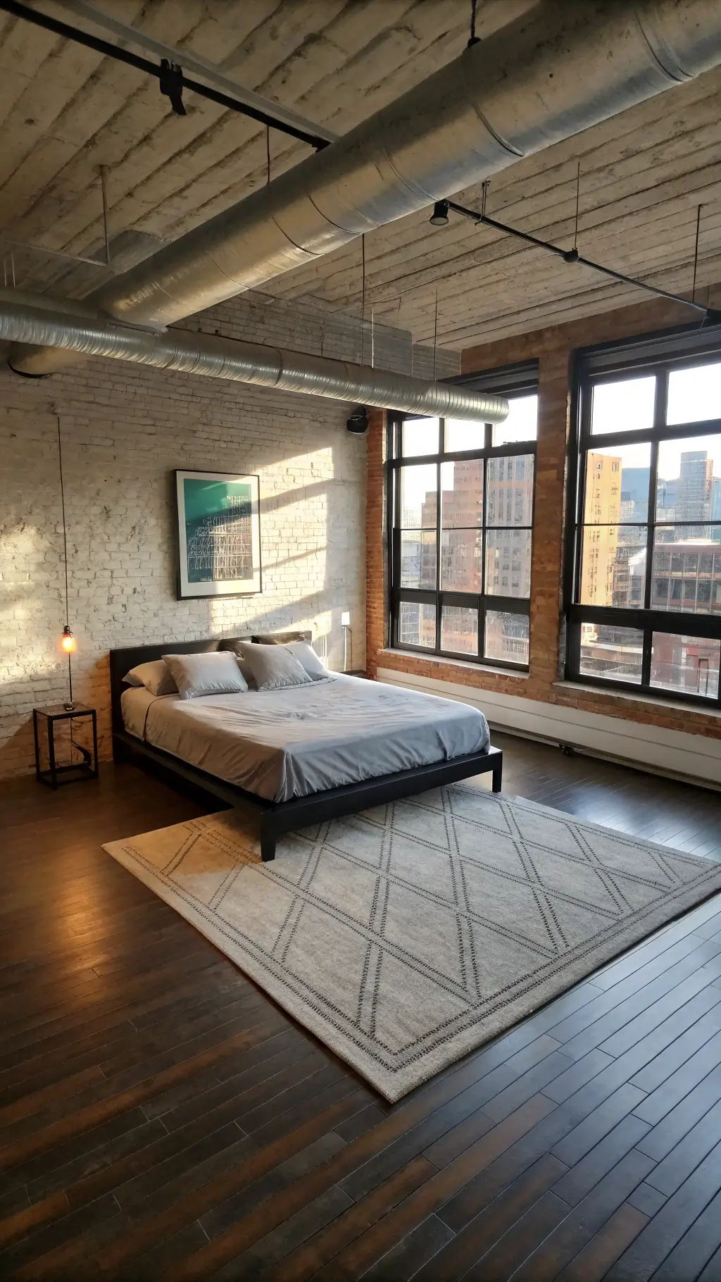 Industrial modern loft bedroom with wide-plank ash floors, large warehouse windows, and a platform bed with a blackened steel frame. Exposed brick wall and concrete ceiling create a textured backdrop. Minimal decor includes charcoal bedding, a geometric rug, and a single oversized photography print. The color palette highlights light ash, charcoal, rust, and black tones.
