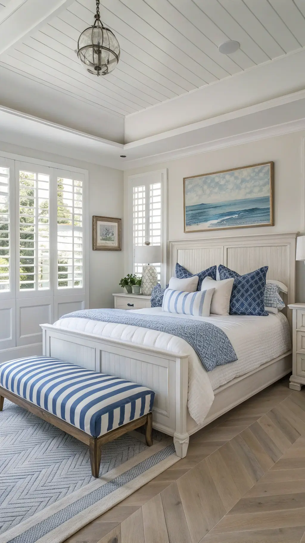 A bedroom with whitewashed oak herringbone floors, morning light through plantation shutters, a white panel bed, blue-and-white striped bench, matching nightstands, coastal artwork, chinoiserie, and fresh hydrangeas.
