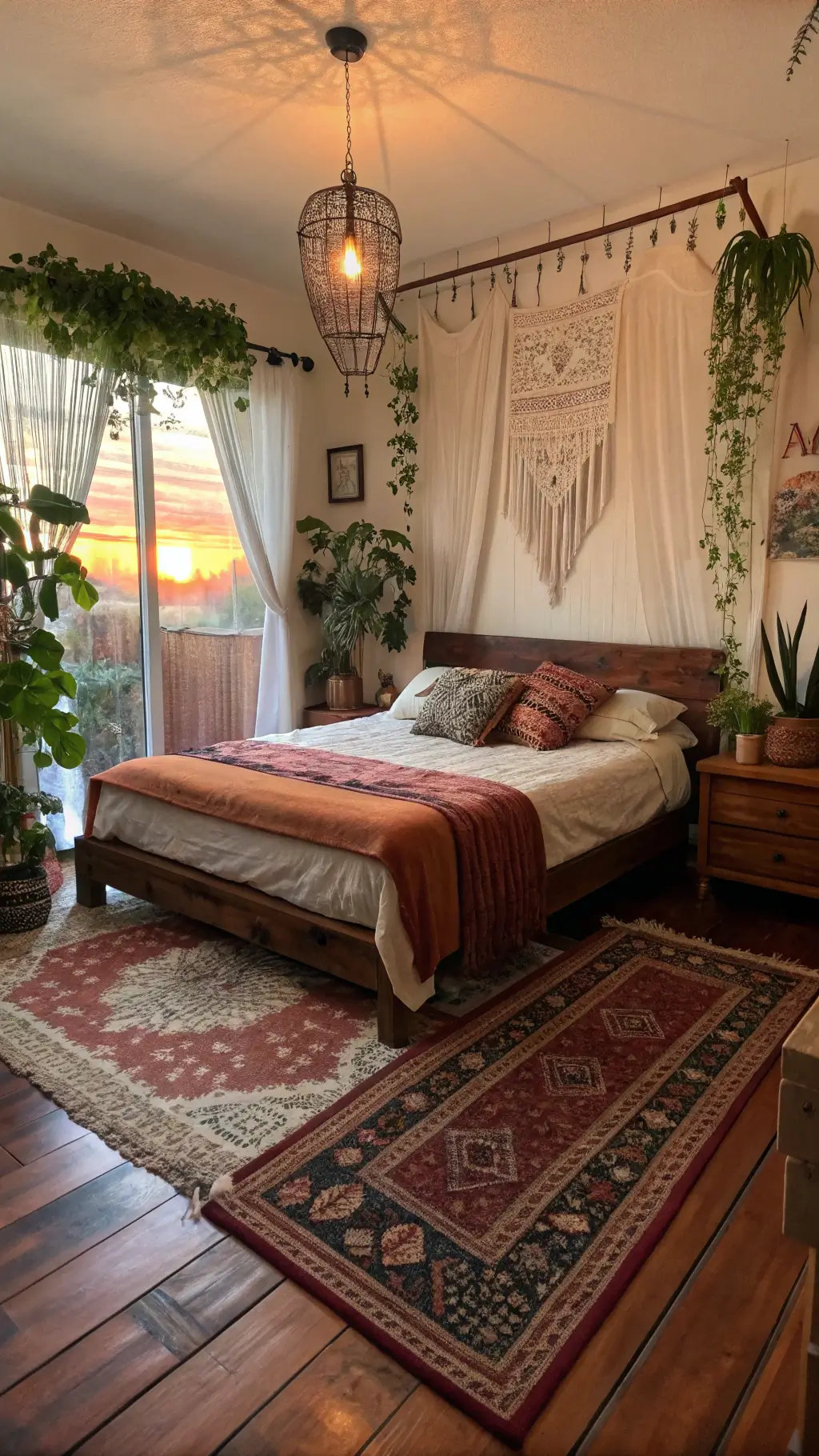 A cozy bedroom with cherry wood flooring features a low bed with a layered textile headboard, enhanced by the warm sunset glow streaming through gauzy curtains. Overlapping vintage rugs adorn the floor, with abundant plants and hanging macramé adding to the bohemian atmosphere. The room is decorated with global artifacts, and the color palette includes terra cotta, moss green, and vintage rose, creating a warm and inviting ambiance.