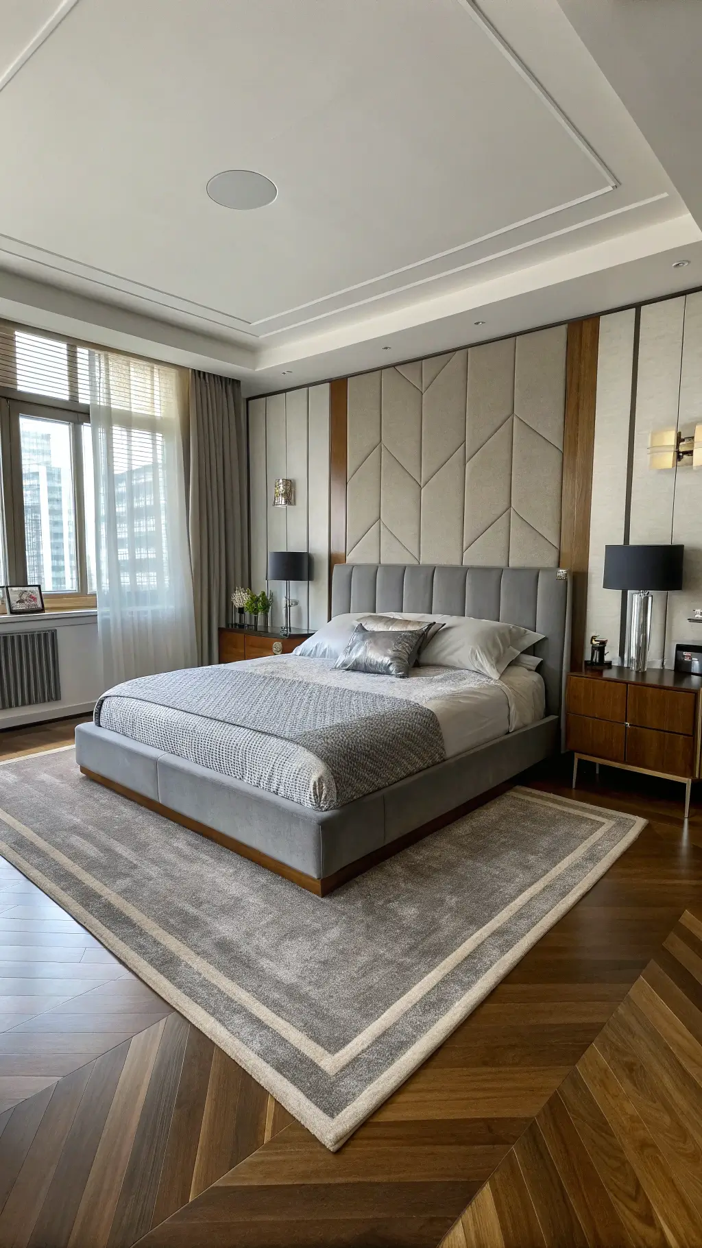 Contemporary bedroom with maple floors and walnut inlay, grey leather bed, mixed wood nightstands, geometric rug, chrome accents, and abstract wall sculpture.