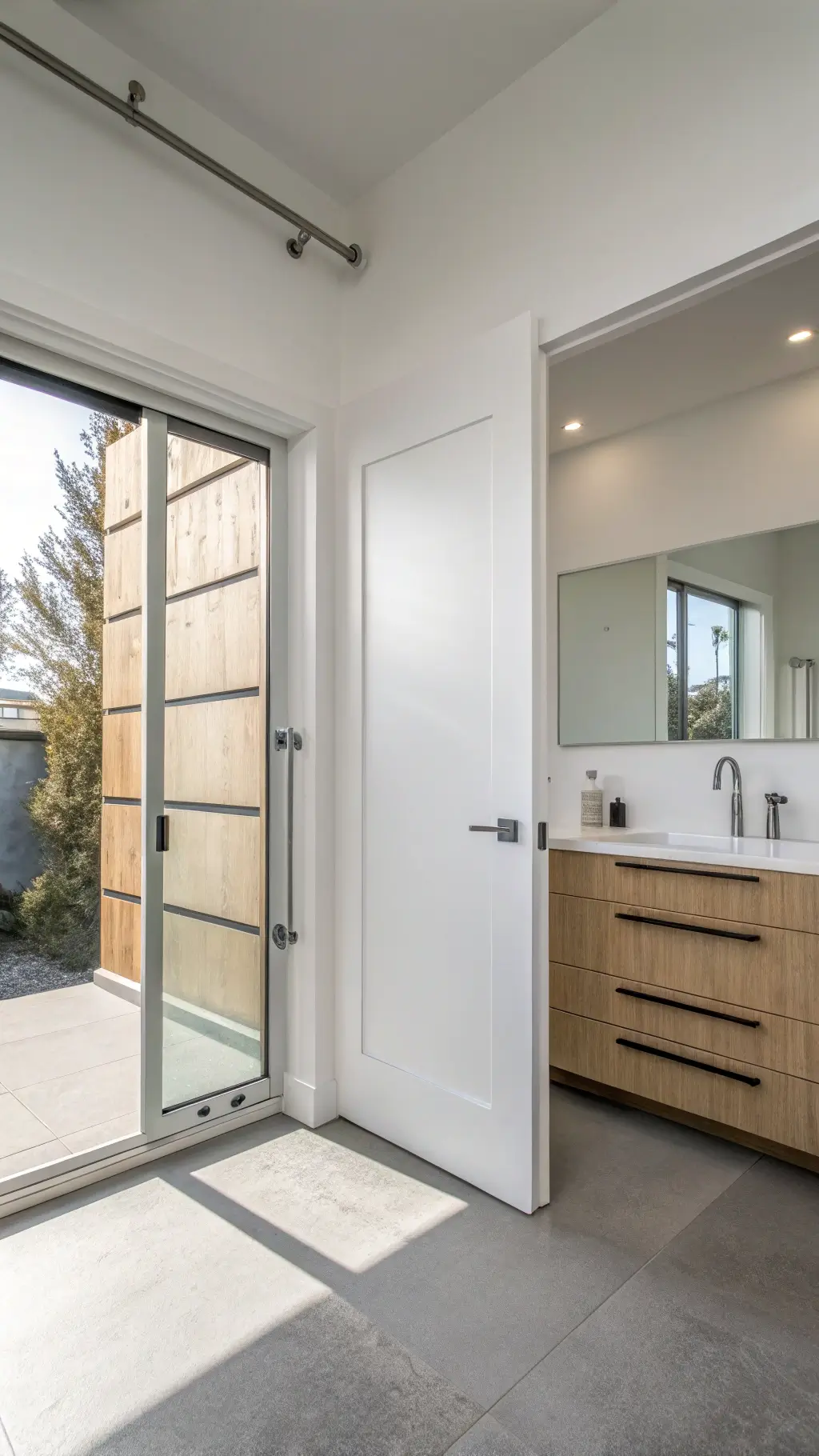 A minimalist bathroom with a sleek pocket door disappearing into a white wall, highlighted by natural morning light; features a floating bleached oak vanity, polished concrete floors, and modern stainless steel hardware.