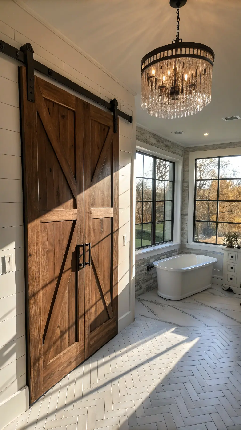A dramatic master bathroom with a large weathered walnut barn door, matte black hardware, floor-to-ceiling windows casting warm shadows on herringbone marble tiles; vintage crystal chandelier illuminating metallic fixtures, earth tones, and copper accents against white shiplap walls.