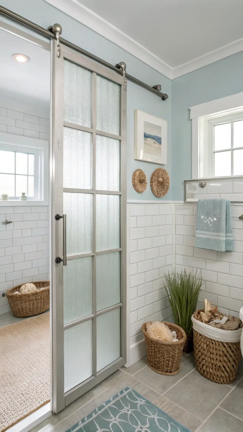 Bright coastal bathroom with frosted glass sliding door, chrome frame, blue-grey walls, white subway tiles, seagrass baskets, and shell-motif mirrors.