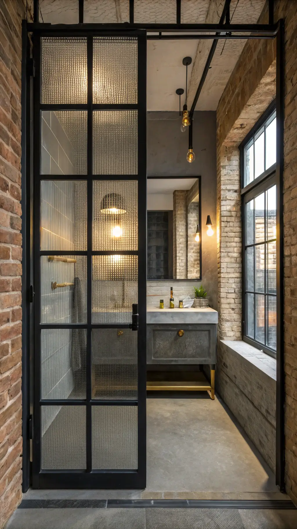 An industrial-chic bathroom features a black steel-framed glass door with textured panels, exposed brick wall, and factory-style windows casting geometric shadows. The space includes a concrete vanity, brass fixtures, and Edison bulb sconces, embodying an urban loft aesthetic.