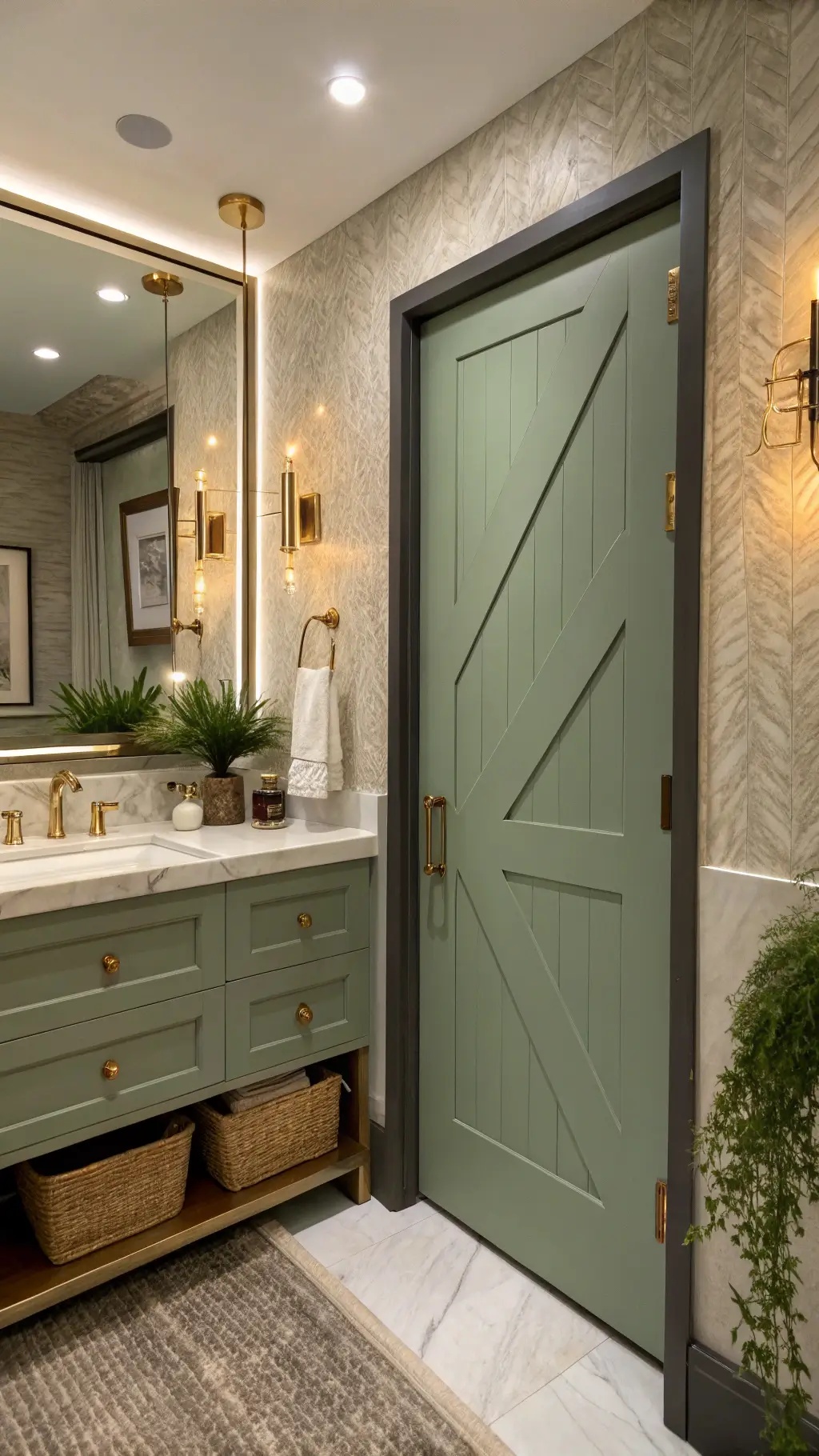 Luxurious spa bathroom with a sage green door and brass hardware, illuminated by evening LED lights, reflected in a full-wall mirror, with marble countertops, woven grass wallpaper, and potted plants.