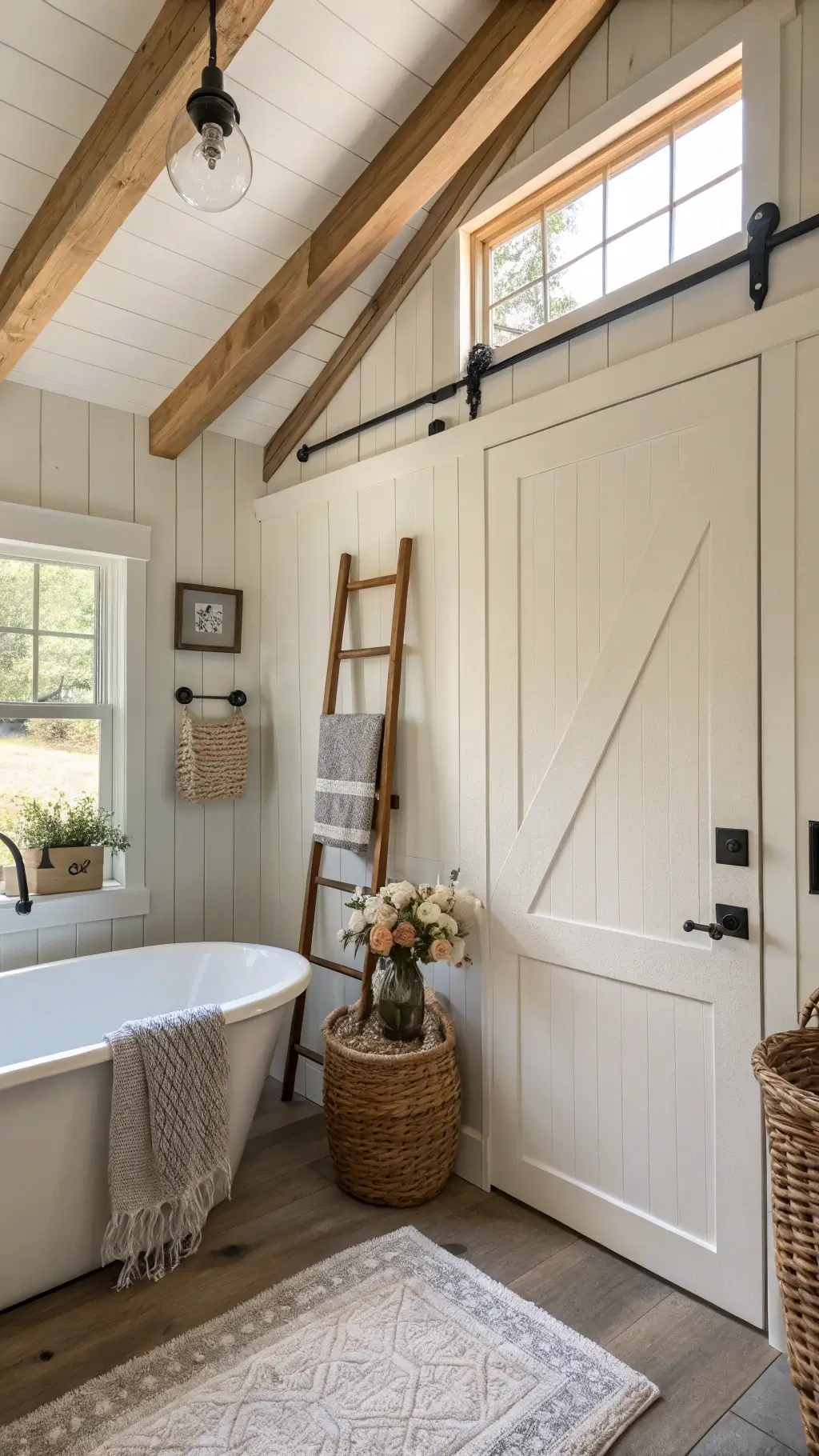 A modern farmhouse bathroom with a white oak Dutch door and black hardware, highlighted by natural light from window panes. The scene captures shiplap walls, an 8-foot ceiling with exposed beams, a vintage ladder towel rack, wire baskets, fresh flowers, and woven textures adding rustic charm to the industrial elements.