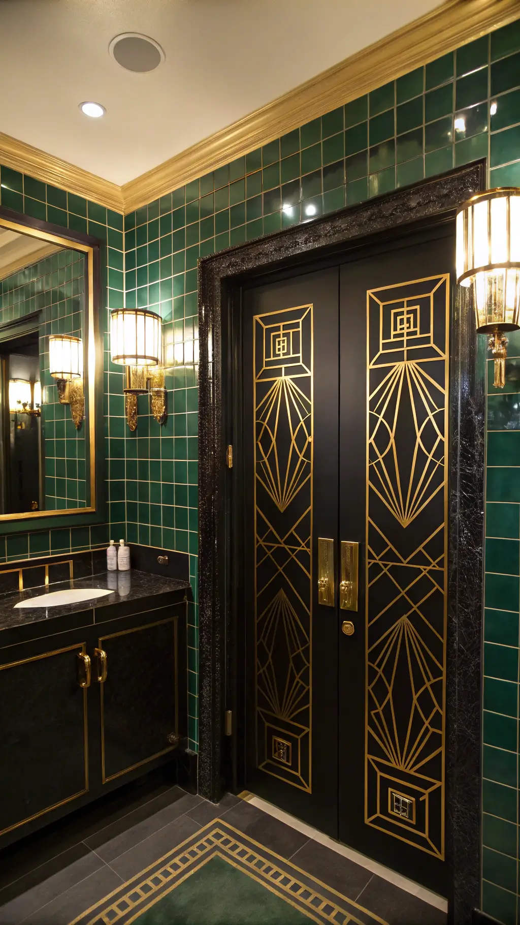 Art Deco bathroom with a glossy black double door featuring gold geometric inlays, emerald green tiles, brass fixtures, gilded mirror wall, and wall sconces reflecting glamour.