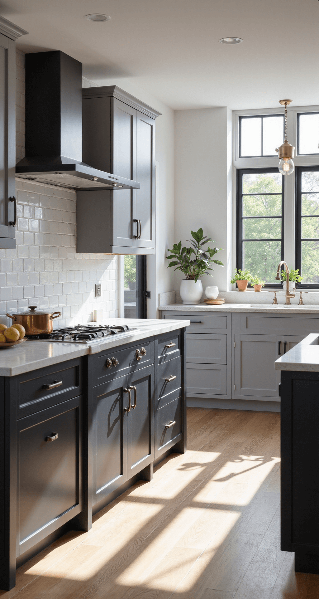 A modern gray kitchen with dove gray shaker cabinets, a deep graphite island topped with white quartz, and morning sunlight illuminating the space through floor-to-ceiling windows. Brass pendant lights, matte black hardware, and a white subway tile backsplash complement the wide-plank white oak flooring, while copper cookware, white ceramics, and potted herbs add style.