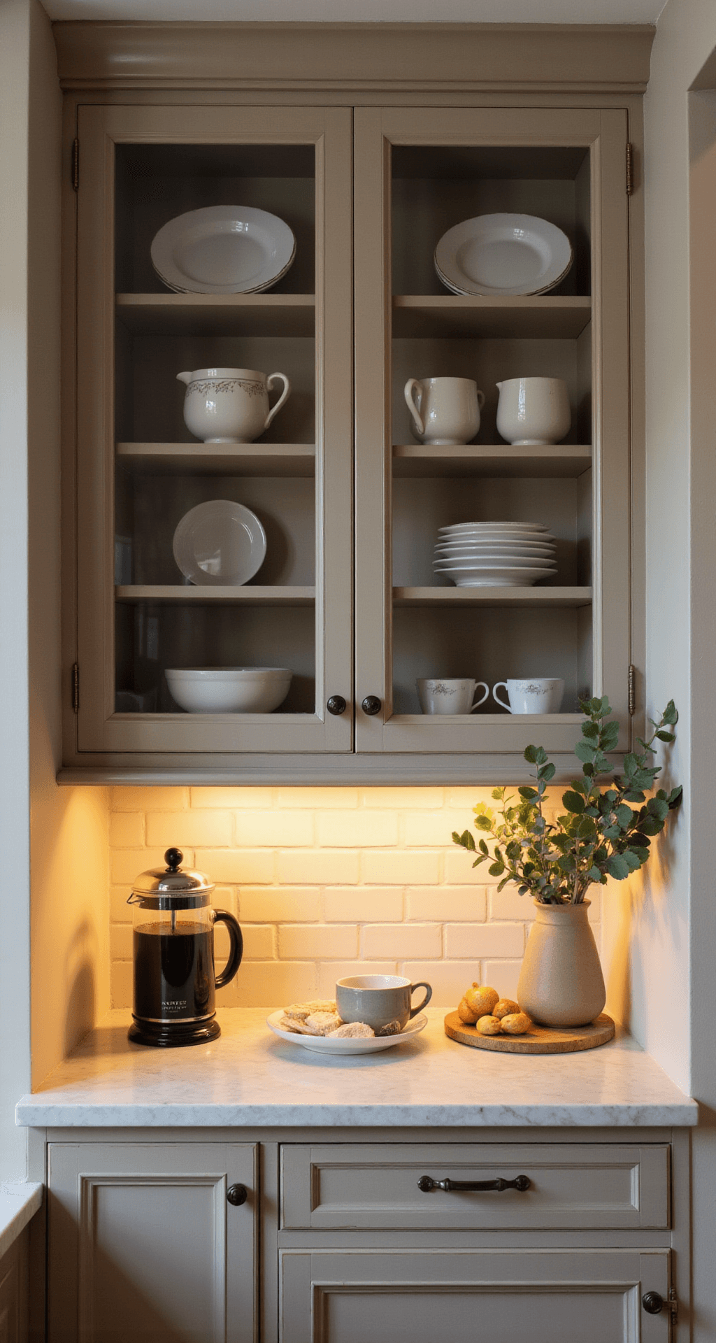 A cozy kitchen nook featuring warm taupe upper cabinets with vintage glass doors displaying organized white dinnerware, under-cabinet lighting illuminating marble countertops, styled with a French press, artisanal mugs, and fresh eucalyptus. The brushed nickel hardware glimmers in the evening light, captured at eye level with a soft focus on the cabinet details.