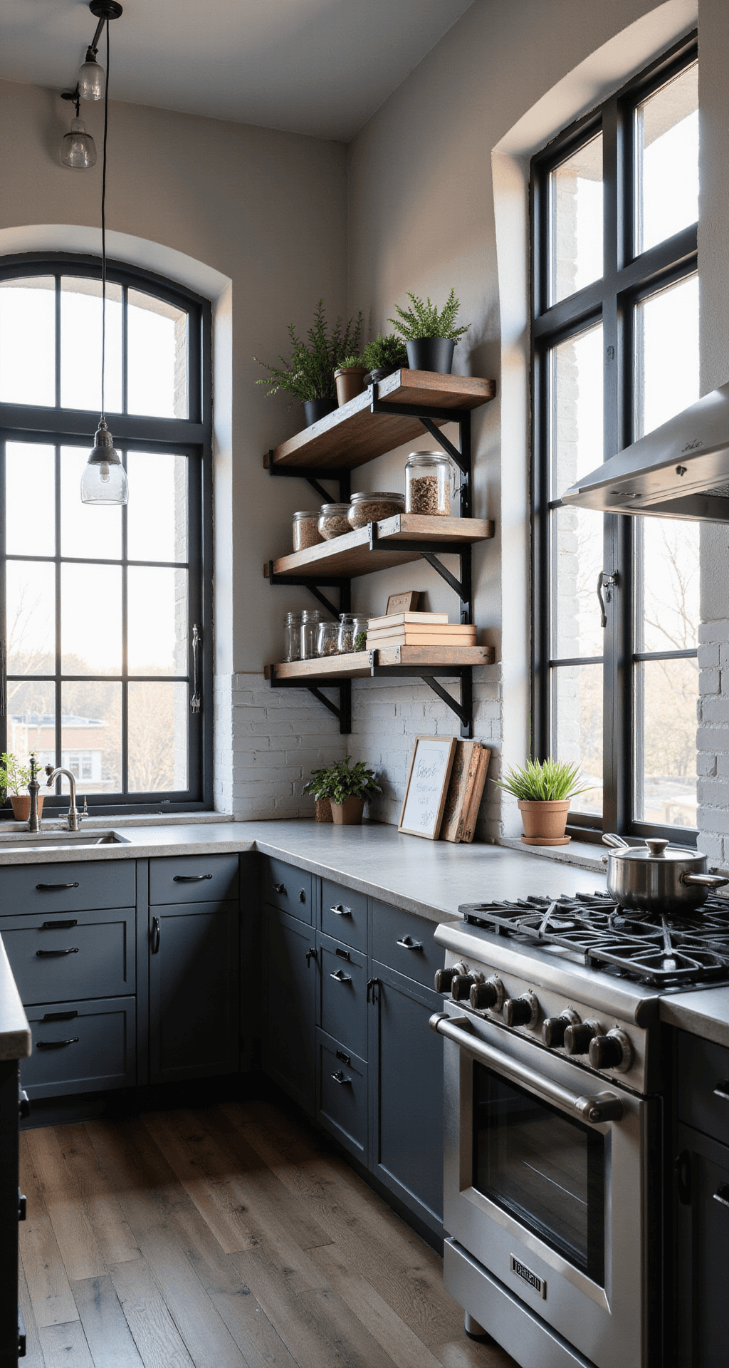 An industrial gray kitchen workspace featuring graphite lower cabinets and white upper cabinets, with stainless steel appliances and concrete countertops. The scene is illuminated by afternoon side lighting through industrial windows, showcasing black metal open shelving styled with cookware and potted succulents. The subway tile backsplash with dark grout complements the bold, professional urban aesthetic, captured from a 45-degree angle to highlight the geometric lines.