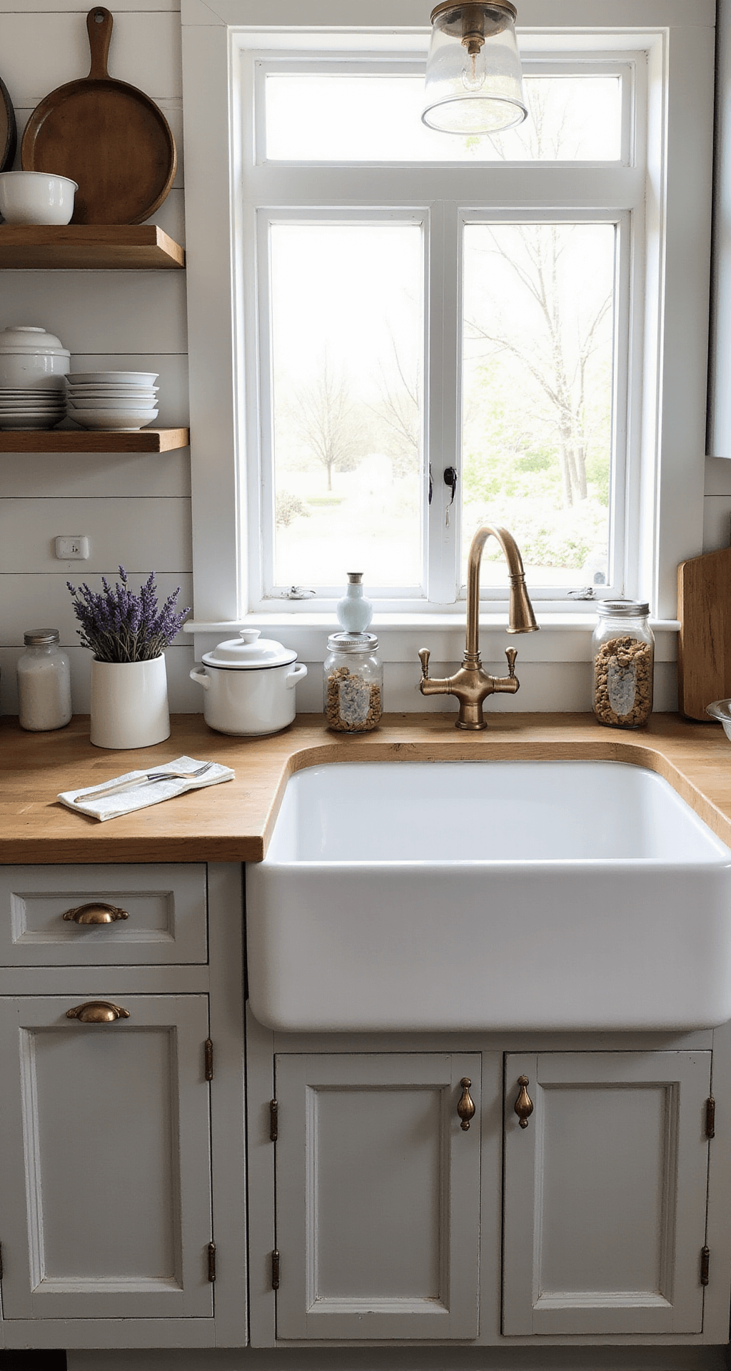A cozy farmhouse kitchen vignette featuring distressed dove gray cabinets against shiplap walls, natural light filtering through lace curtains, a butcher block countertop adorned with vintage enamelware, mason jars of dried goods, and fresh lavender bundles, complete with antique brass handles and a farmhouse sink, captured in a straight-on shot with a gentle bokeh effect.