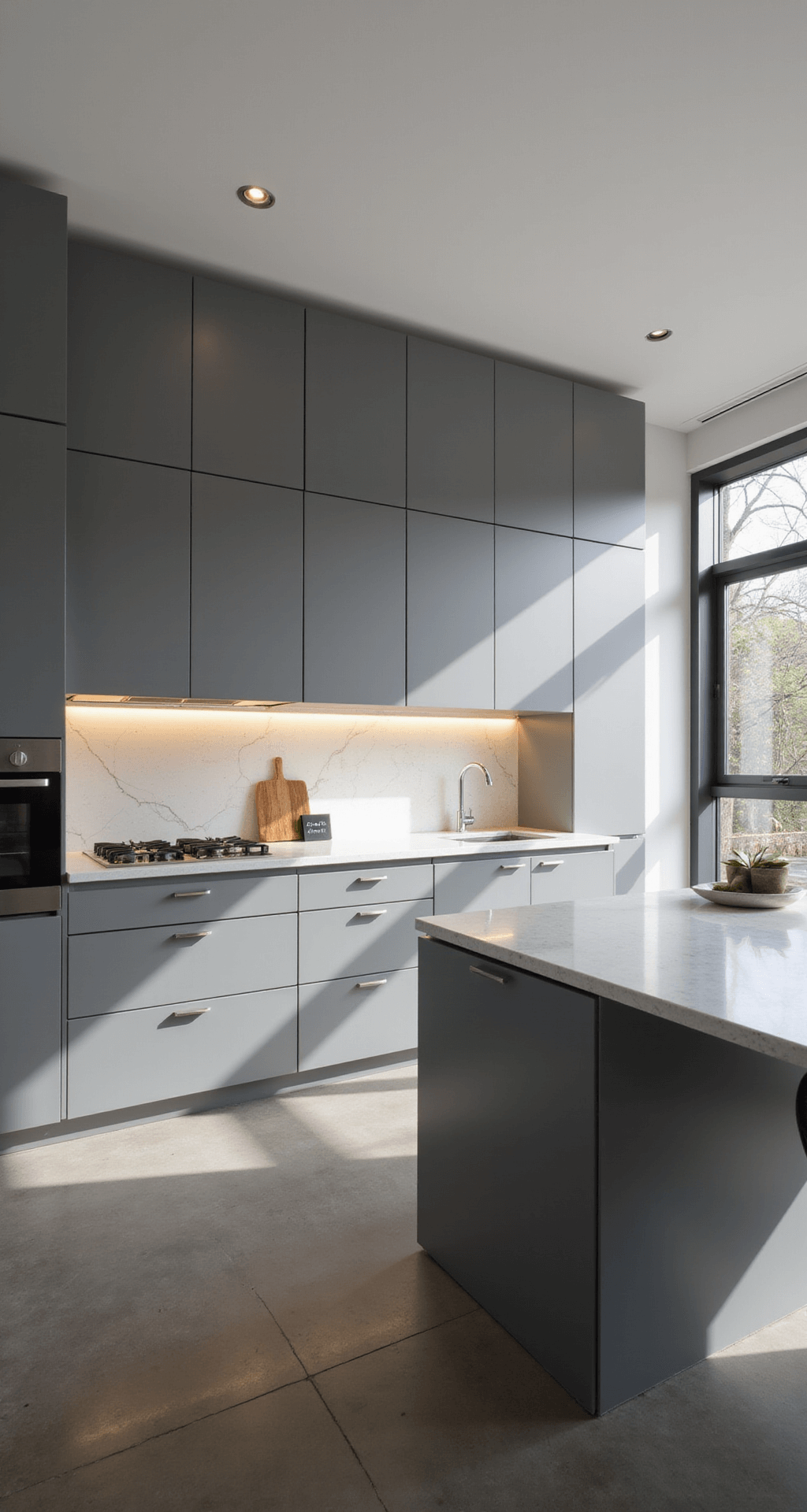A sleek, contemporary gray kitchen featuring a 20ft wall of floor-to-ceiling cabinets, a waterfall island with white veined quartz, polished concrete floors, and minimal decor highlighted by dramatic early morning light and shadows.