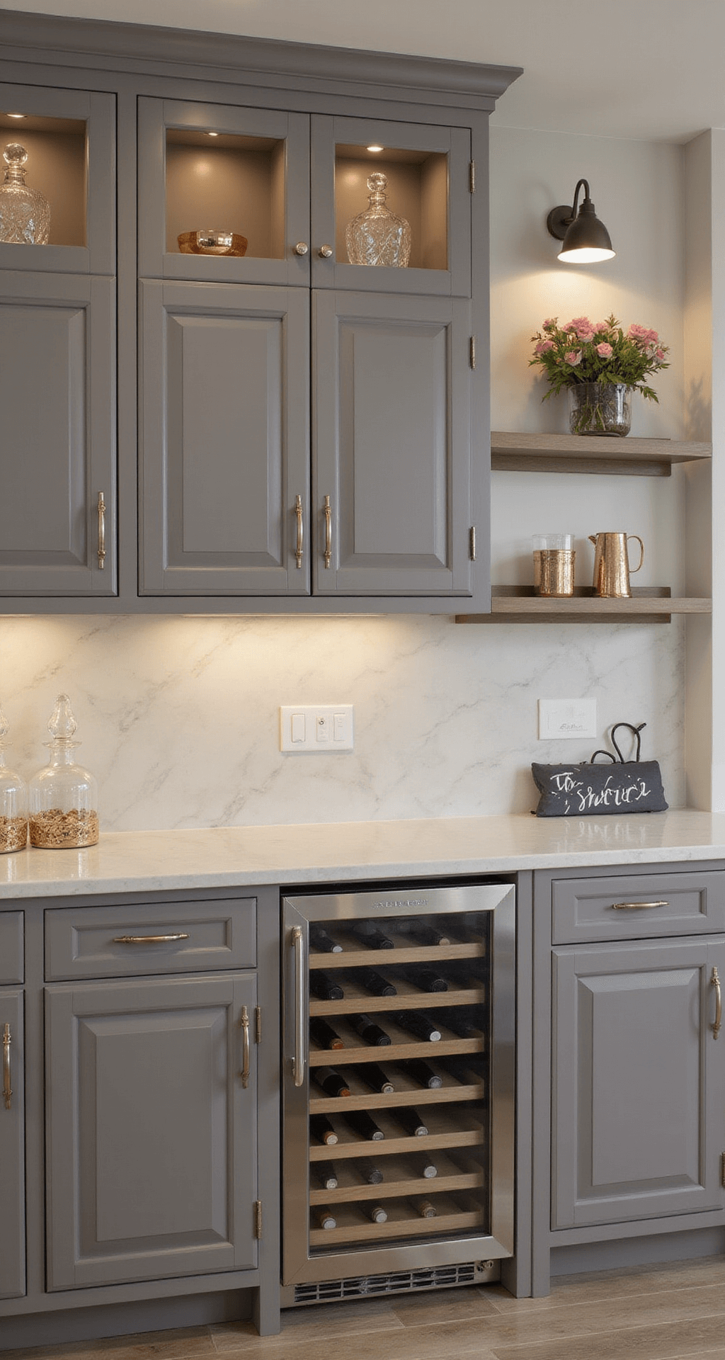 A sophisticated gray kitchen bar area featuring warm gray cabinets with glass fronts, a white marble backsplash, and floating shelves adorned with crystal decanters, copper barware, and art pieces, illuminated by dimmable sconces for an inviting evening ambiance.