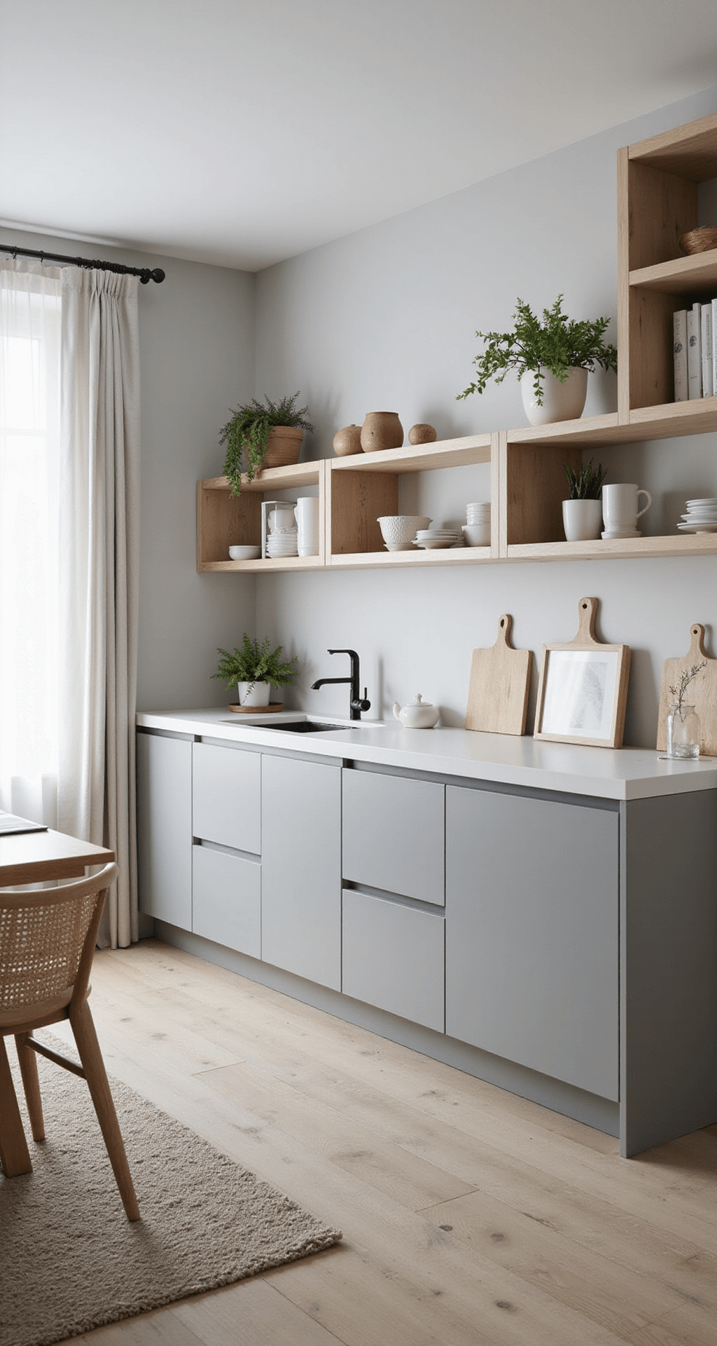 A serene L-shaped Scandinavian kitchen featuring light gray slab cabinets and natural wood accents, adorned with white countertops and pale wood open shelving, illuminated by bright midday light through sheer curtains, complemented by matte black fixtures and minimalist decor including white ceramics and linen textiles.