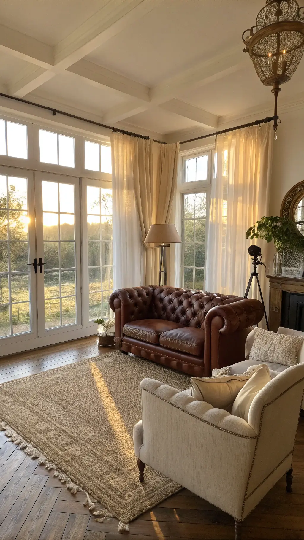 A spacious living room with golden hour sunlight through floor-to-ceiling windows, featuring a chocolate leather Chesterfield sofa, ivory bouclé armchairs, layered cream and jute rugs, and antique brass floor lamps.