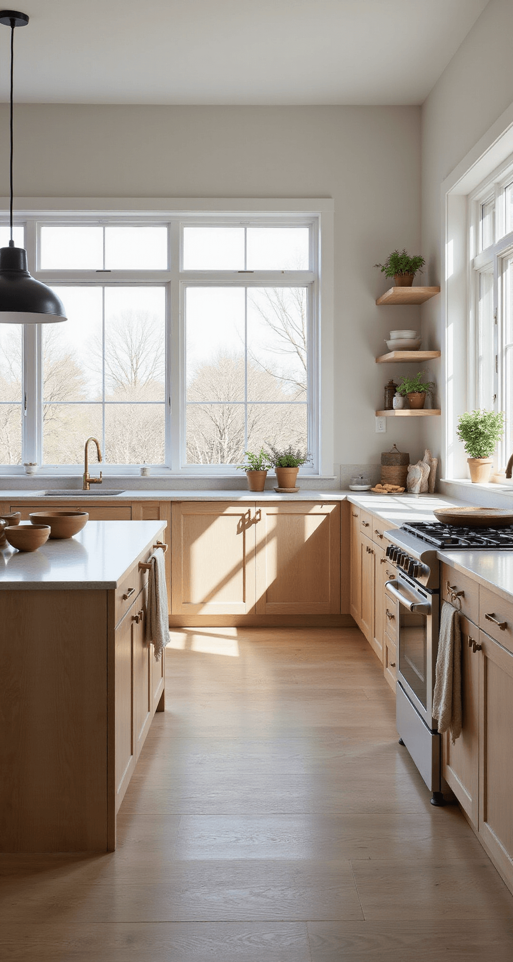 Spacious modern farmhouse kitchen featuring white oak Shaker-style cabinets and quartz countertops, illuminated by soft morning light through large windows, with artisanal ceramics and fresh herbs, all captured from a 45-degree angle.