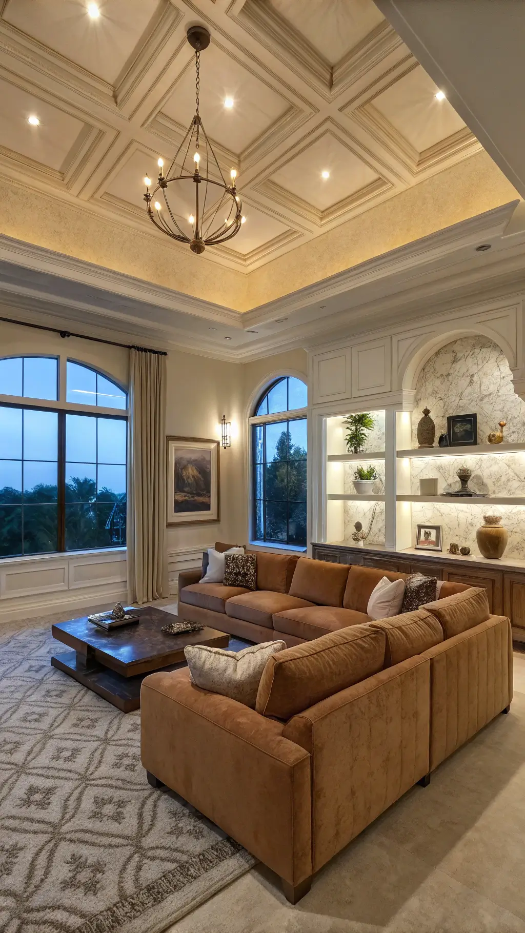 Corner perspective of a cozy 18x18ft living room at dusk with 10ft tray ceilings in alabaster, showcasing a caramel velvet L-shaped sofa, weathered oak shelves with cream pottery and brass items, and textured cream wallpaper softly lit by modern sconces against a blue hour backdrop.