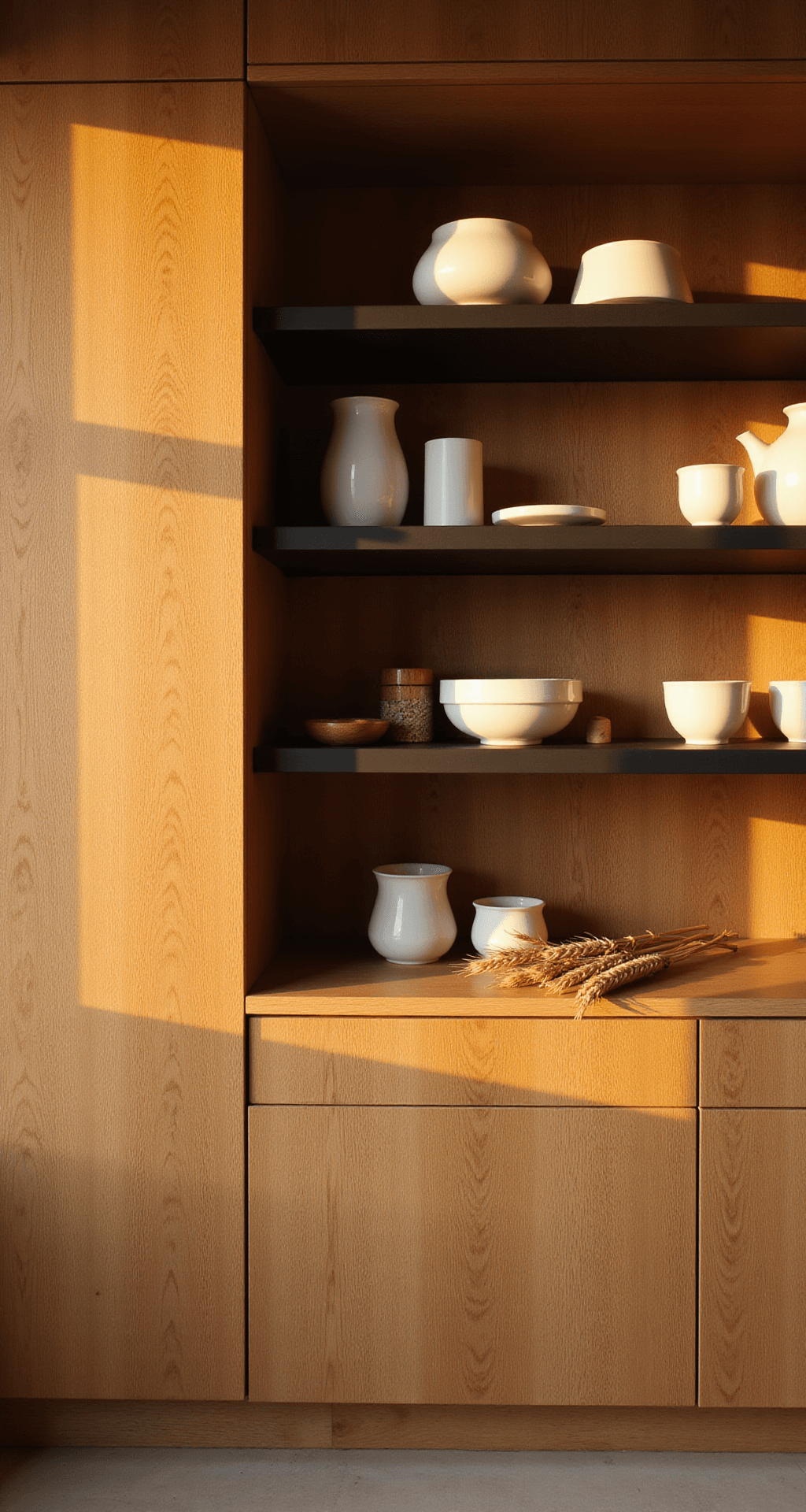 Intimate close-up of oak cabinetry during golden hour, featuring illuminated textured glass front cabinet with honey-colored reflections on white pottery, matte black floating shelves with earthenware and dried wheat, rich wood grain detail, and low camera angle highlighting vertical lines.